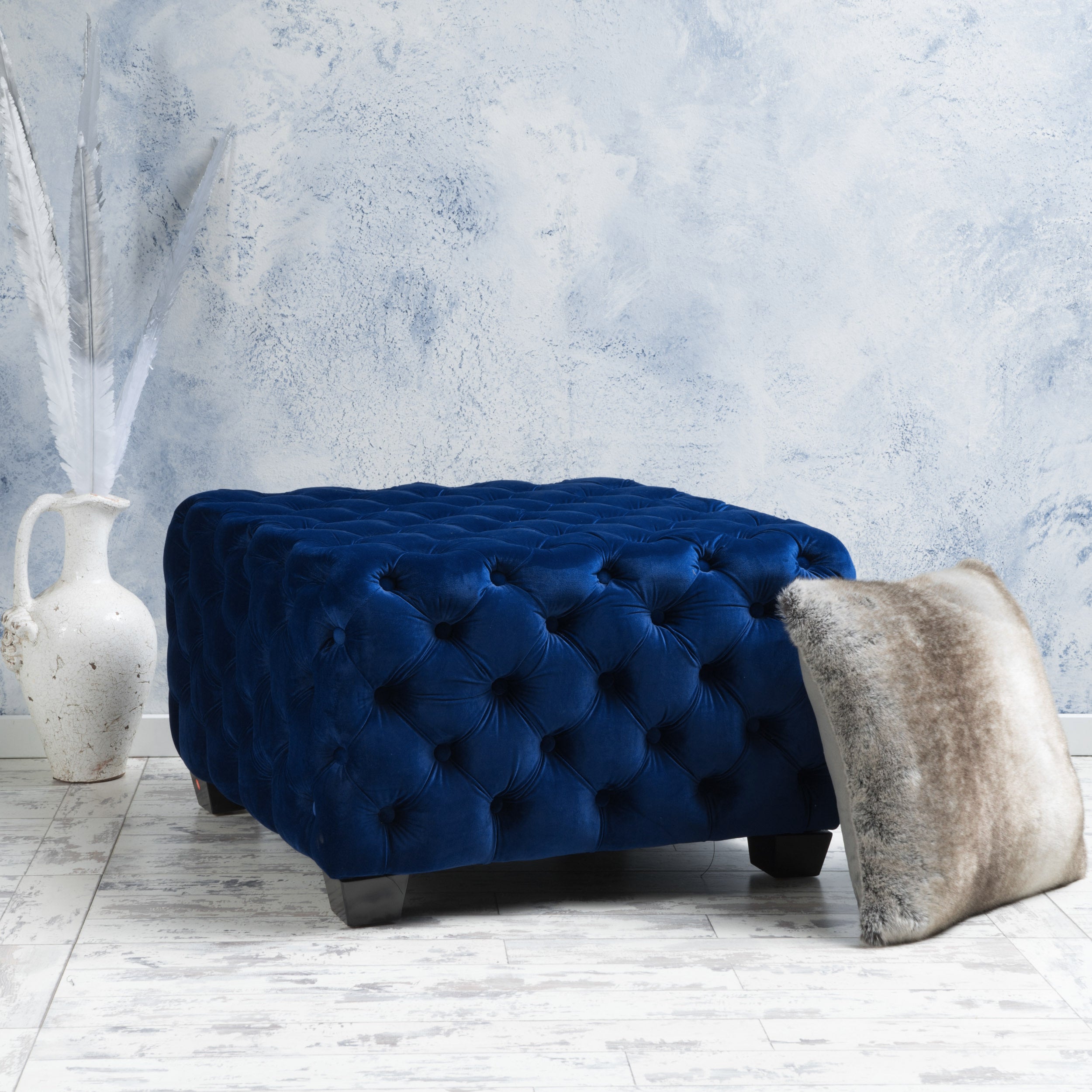 Modern Glam Ottoman with Velvet Upholstery and Button-Tufted Design in Navy Blue, 29 x 29 x 18.25 inches - Grand Goldman Shop