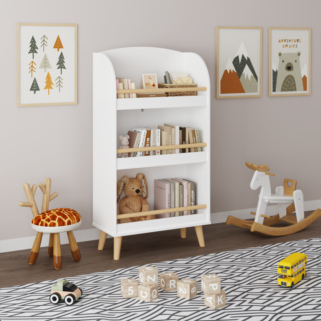 Kids Bookshelf 3-Tier White Book Organizer with Toy Storage, MDF and Pine Wood Legs - Grand Goldman