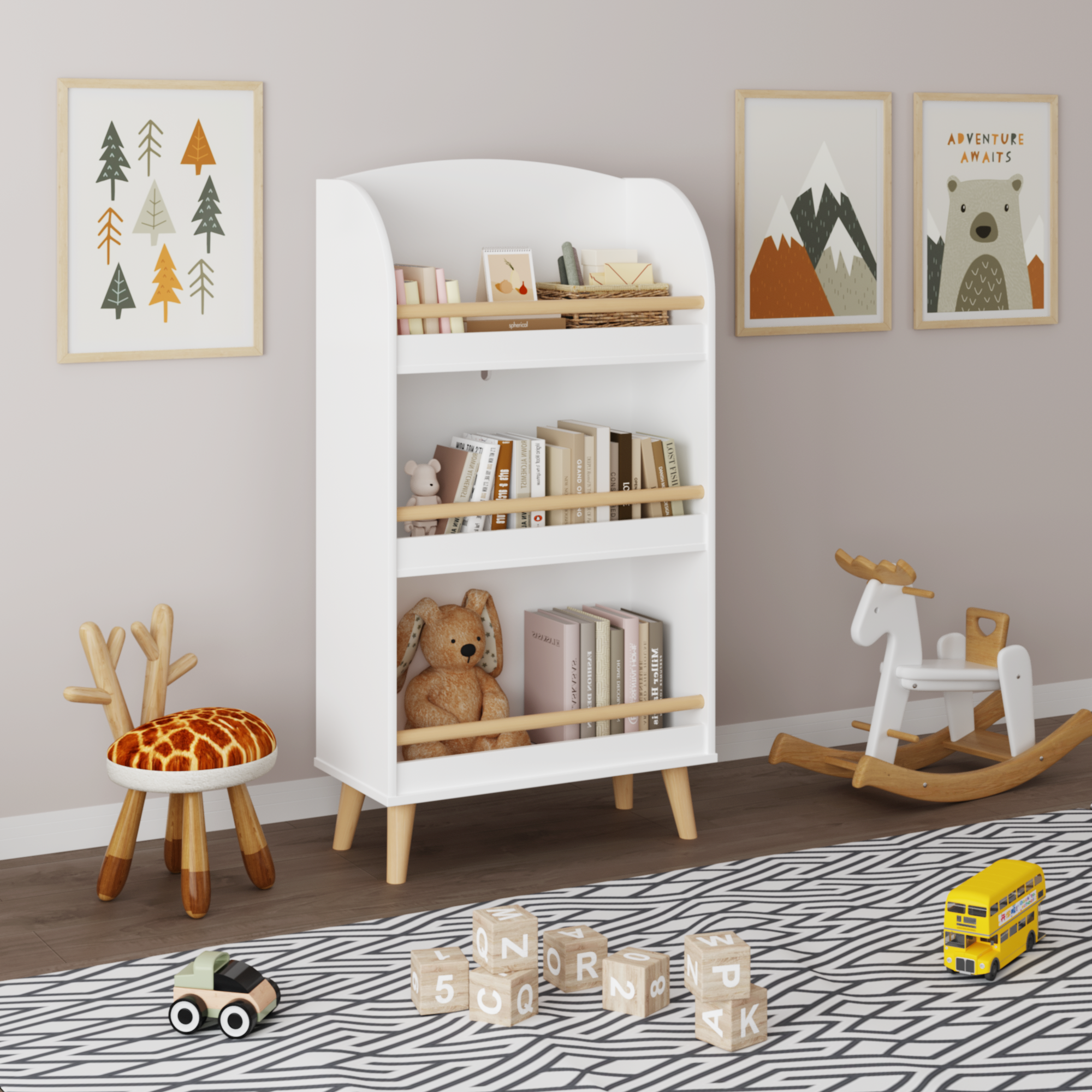 Kids Bookshelf 3-Tier White Book Organizer with Toy Storage, MDF and Pine Wood Legs - Grand Goldman