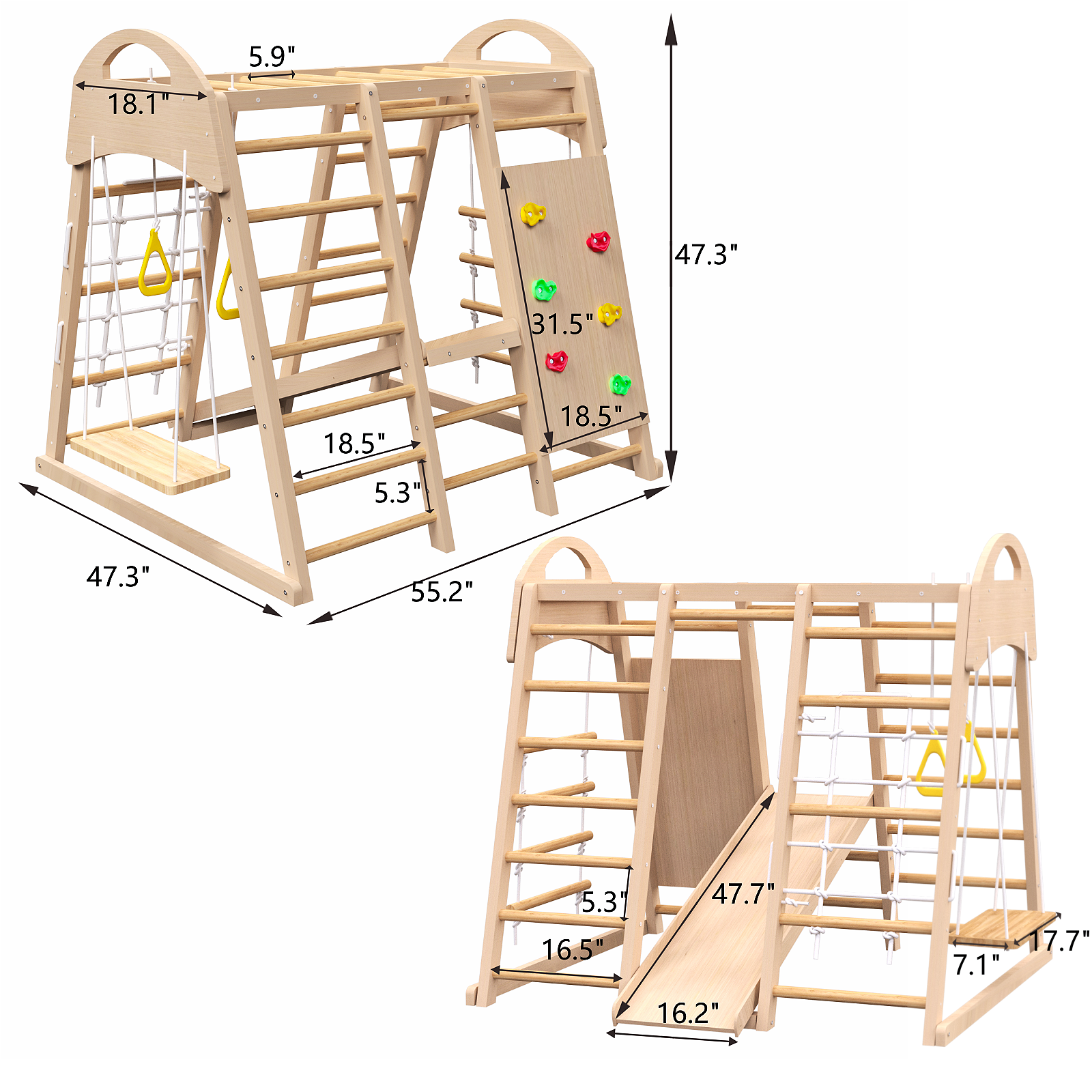 Indoor Playground 7-in-1 Jungle Gym Playset for Kids 2-6yrs - Slide, Climbing Wall, Rope Wall Climber, Monkey Bars, Swing - W