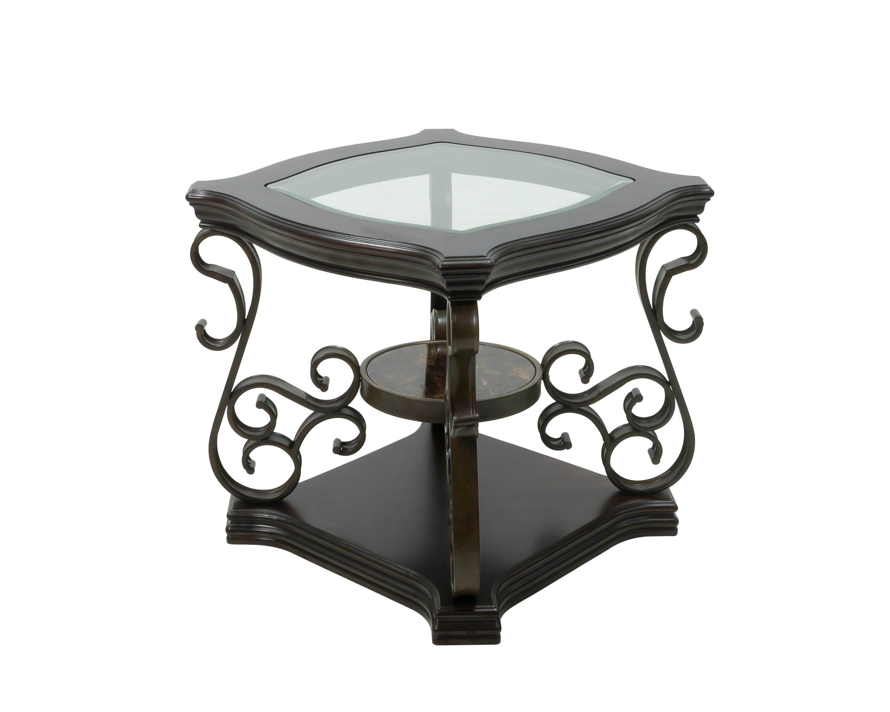 End table,  Glass table top, MDF W/marble paper middle shelf, powder coat finish metal legs. (26.3'Lx26.3'Wx24'H) - Grand Goldman Shop