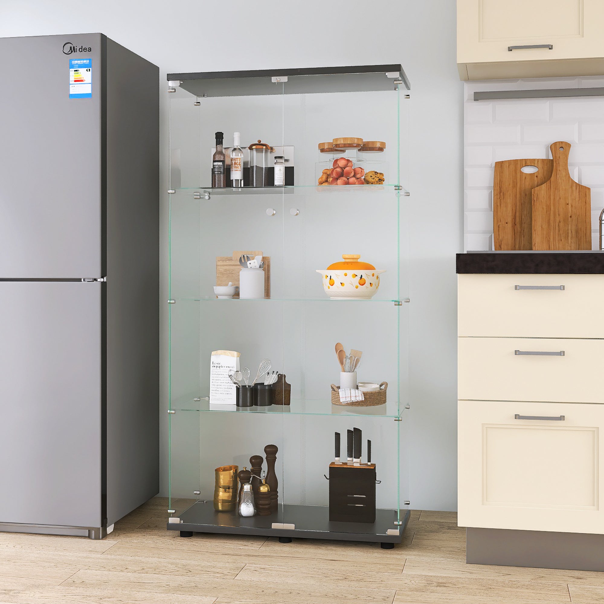 Two-door Glass Display Cabinet 4 Shelves with Door, Floor Standing Curio Bookshelf for Living Room Bedroom Office,  64.7'*31.