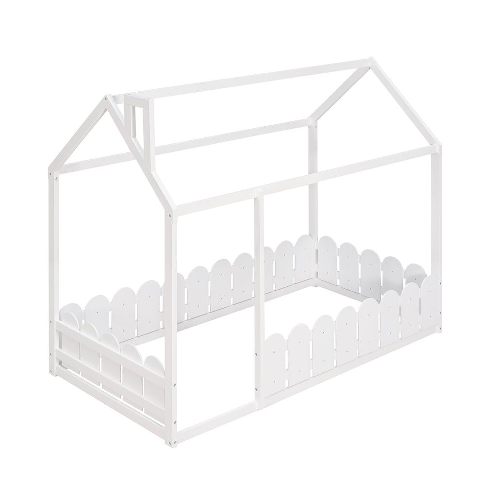 {Slats are not included}Twin Size Wood Bed House Bed Frame with Fence,for Kids,Teens, Girls,Boys {White}{OLD SKU:WF194274AAK} - Grand Goldman Shop