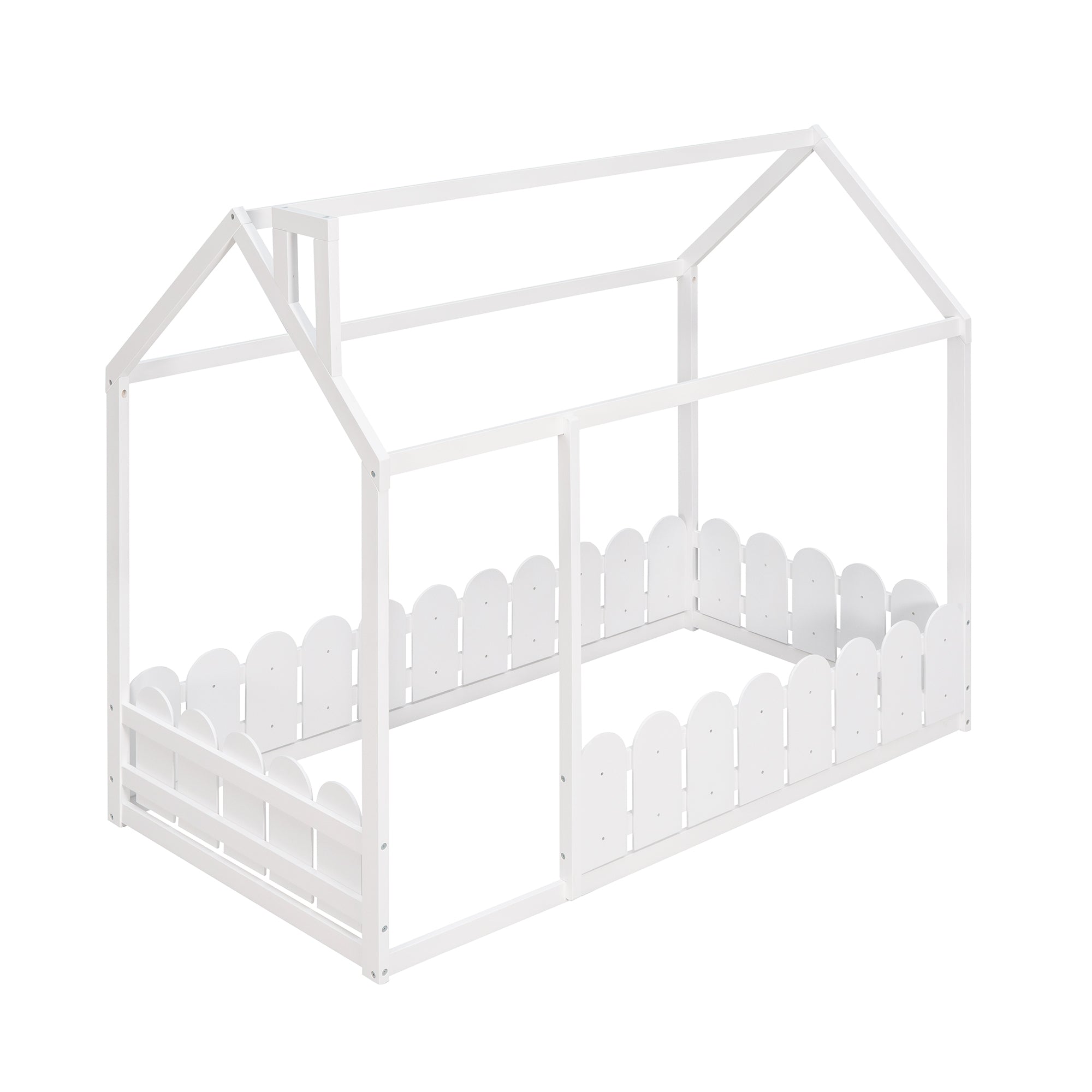 {Slats are not included}Twin Size Wood Bed House Bed Frame with Fence,for Kids,Teens, Girls,Boys {White}{OLD SKU:WF194274AAK} - Grand Goldman Shop