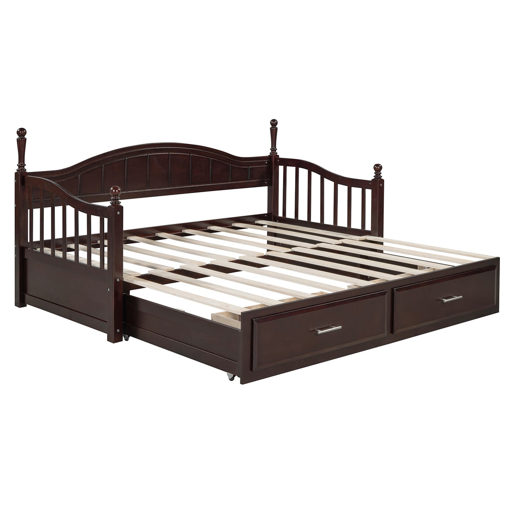 Wooden Twin Size Daybed with Twin Size Trundle, Extendable Daybed with Two Storage Drawers, Espresso(Expected Arrival Time:9.12) - Grand Goldman Shop