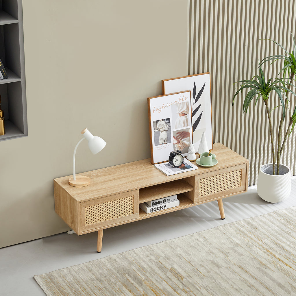 Natural Rattan TV Cabinet with Double Sliding Doors, Adjustable Shelf, Solid Wood Legs, 55.12 Inches - Grand Goldman Shop