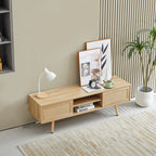 Natural Rattan TV Cabinet with Double Sliding Doors, Adjustable Shelf, Solid Wood Legs, 55.12 Inches - Grand Goldman Shop