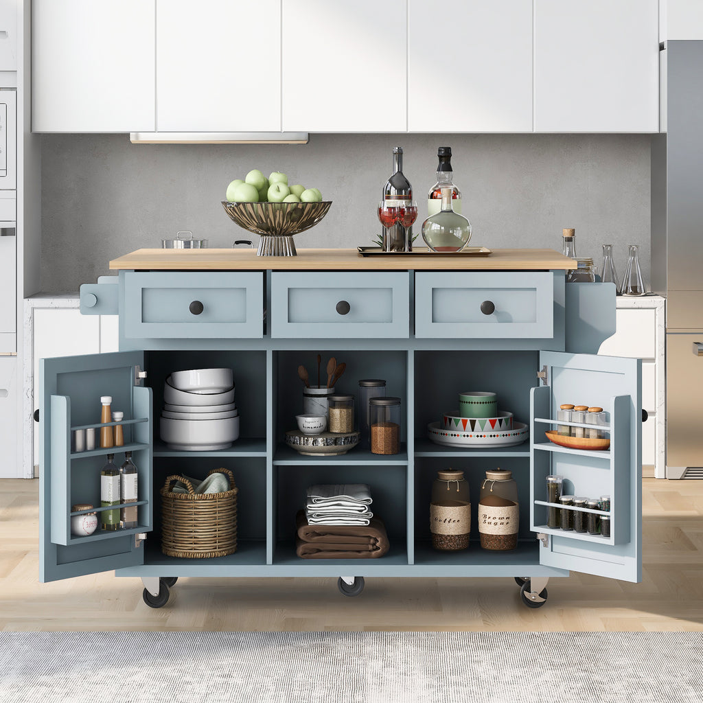 Kitchen Cart with Rubber wood Drop-Leaf Countertop ,Cabinet door internal storage racks,Kitchen Island on 5 Wheels with Storage Cabinet and 3 Drawers for Dinning Room, Grey Blue - Grand Goldman Shop