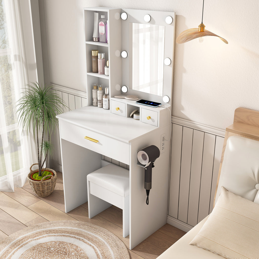 White Vanity Table with Mirror, Adjustable LED Lights, Power Outlet, Hairdryer Holder & Stool – Compact Dressing Desk for Small Bedrooms - Grand Goldman Shop