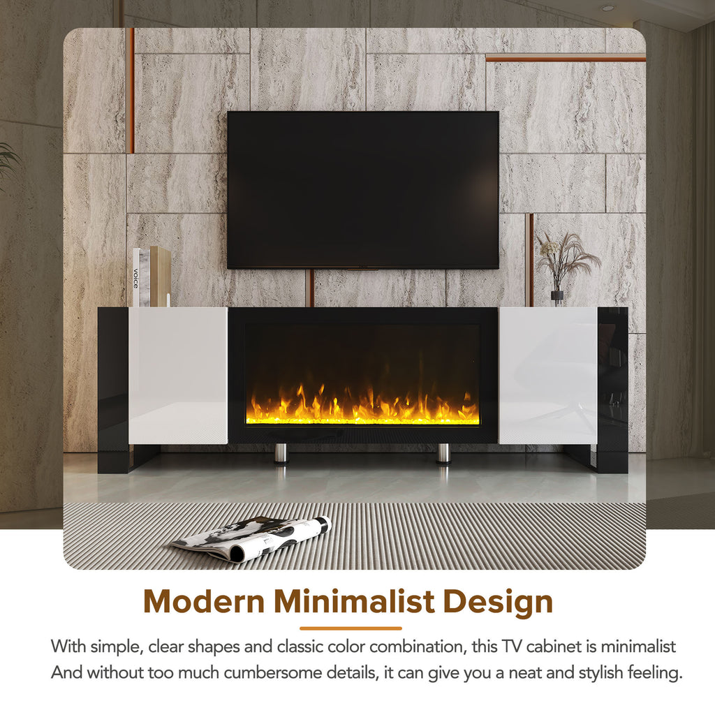 ON-TREND Modern TV Stand with 34.2' Non-heating Electric Fireplace, High Gloss Entertainment Center with 2 Cabinets, Media Console for TVs up to 78', White - Grand Goldman Shop