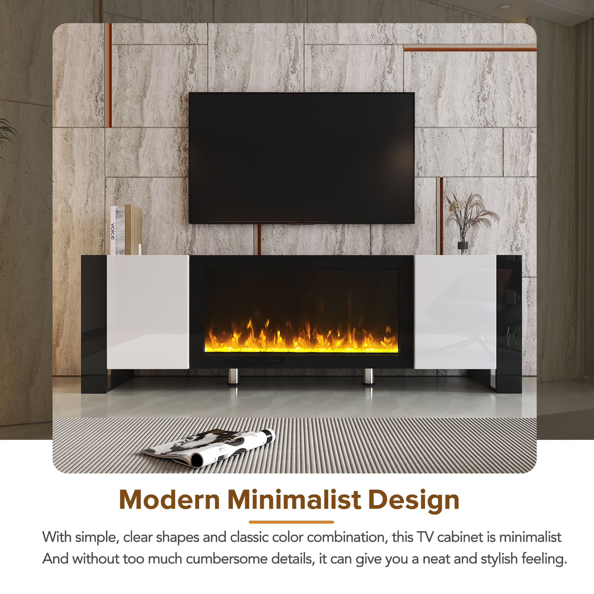 ON-TREND Modern TV Stand with 34.2' Non-heating Electric Fireplace, High Gloss Entertainment Center with 2 Cabinets, Media Console for TVs up to 78', White - Grand Goldman Shop