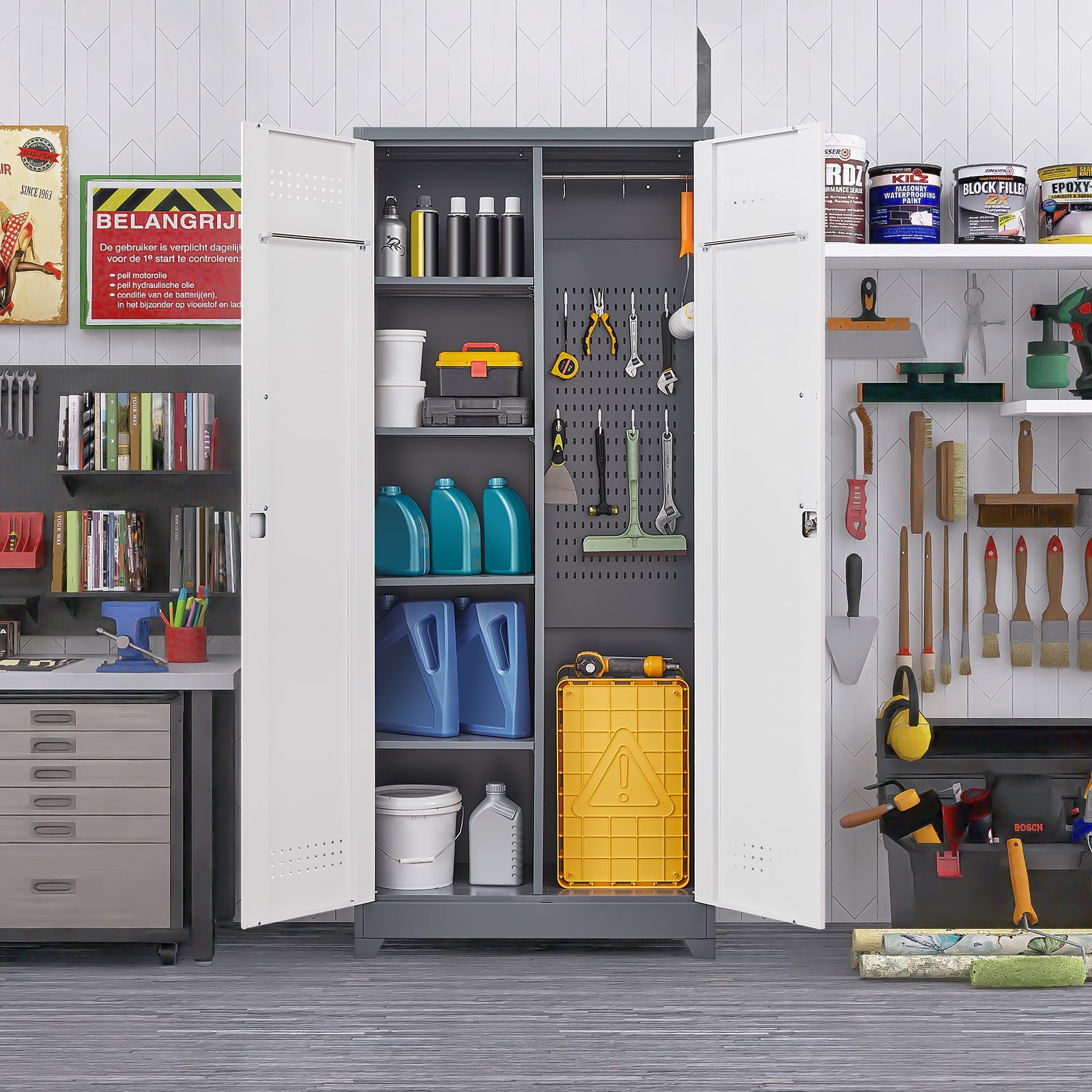Gray Metal Lockers with Locking Doors, Adjustable Shelves, High Broom Tool Storage Cabinet, 72-Inch Kitchen, Office, Shop Org