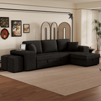 Modern L-Shape 3 Seat Reversible Sectional Couch with Pull Out Sleeper Sofa, Storage Chaise, 2 Stools, Charcoal Grey, Linen Chenille - Grand Goldman Shop