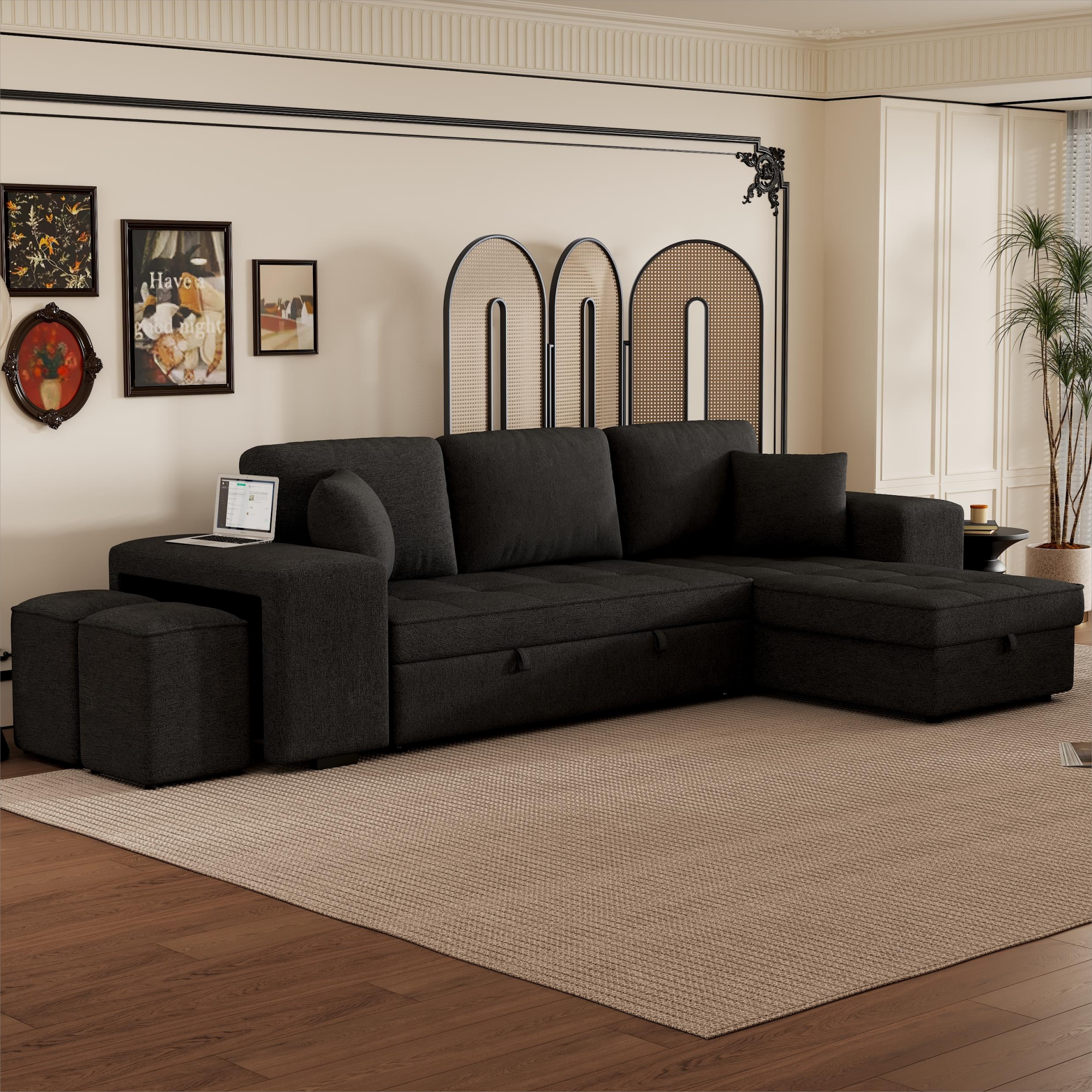 Modern L-Shape 3 Seat Reversible Sectional Couch with Pull Out Sleeper Sofa, Storage Chaise, 2 Stools, Charcoal Grey, Linen Chenille - Grand Goldman Shop