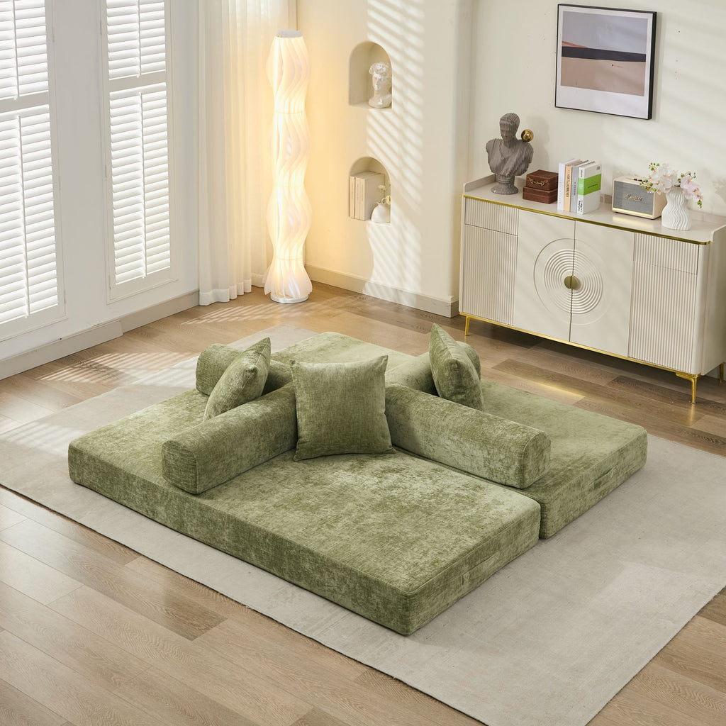 Comfy Convertible Folding Mattress Couch, Floor Sofa Bed, Chenille Floor Sofa with Armrest, Floor Sofa Lounge Couch for Living Room Bedroom Lounge Studio-Green - Grand Goldman Shop