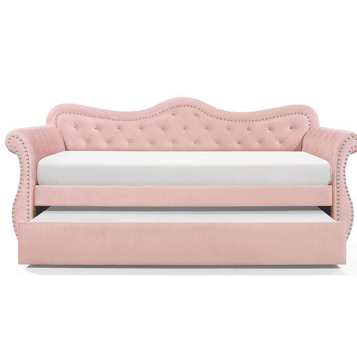 Abby Modern Style Upholstered Velvet Wood Daybed with Trundle in Pink - Grand Goldman Shop