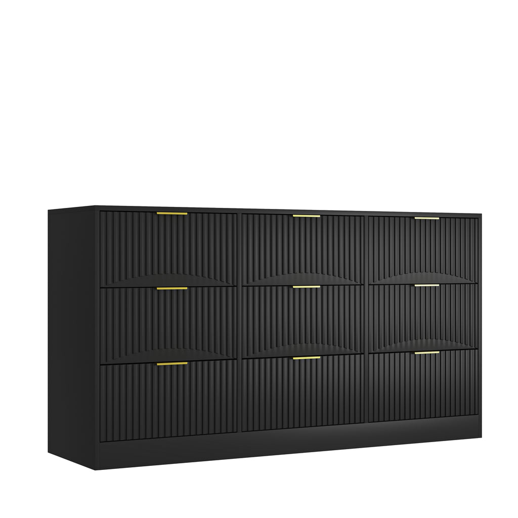Black 9 Drawer Dresser, 63' Large Deep Chest of Drawers, Wooden Dresser Storage Cabinet with 9 Drawers for Bedroom, Long Dressers for Living Room, Hallway, Drawer panel with wavy patterns - Grand Goldman Shop