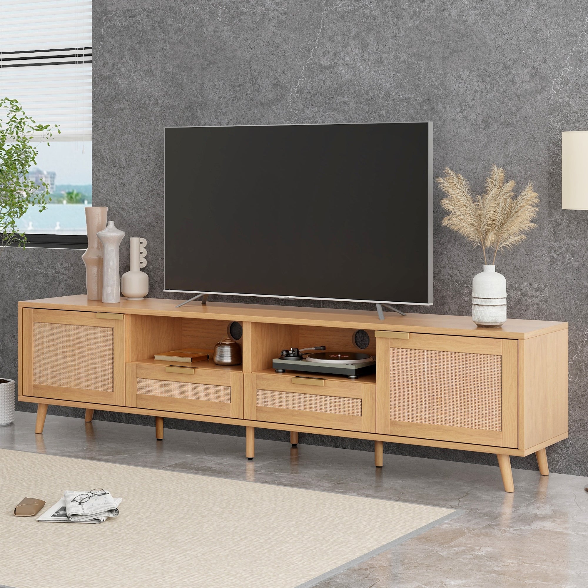 Modern Farmhouse Rattan TV Stand for TVs up to 85'', Solid Wood Legs, Media Console with MDF Board, Living Room Entertainment Center in Wood Finish - Grand Goldman Shop