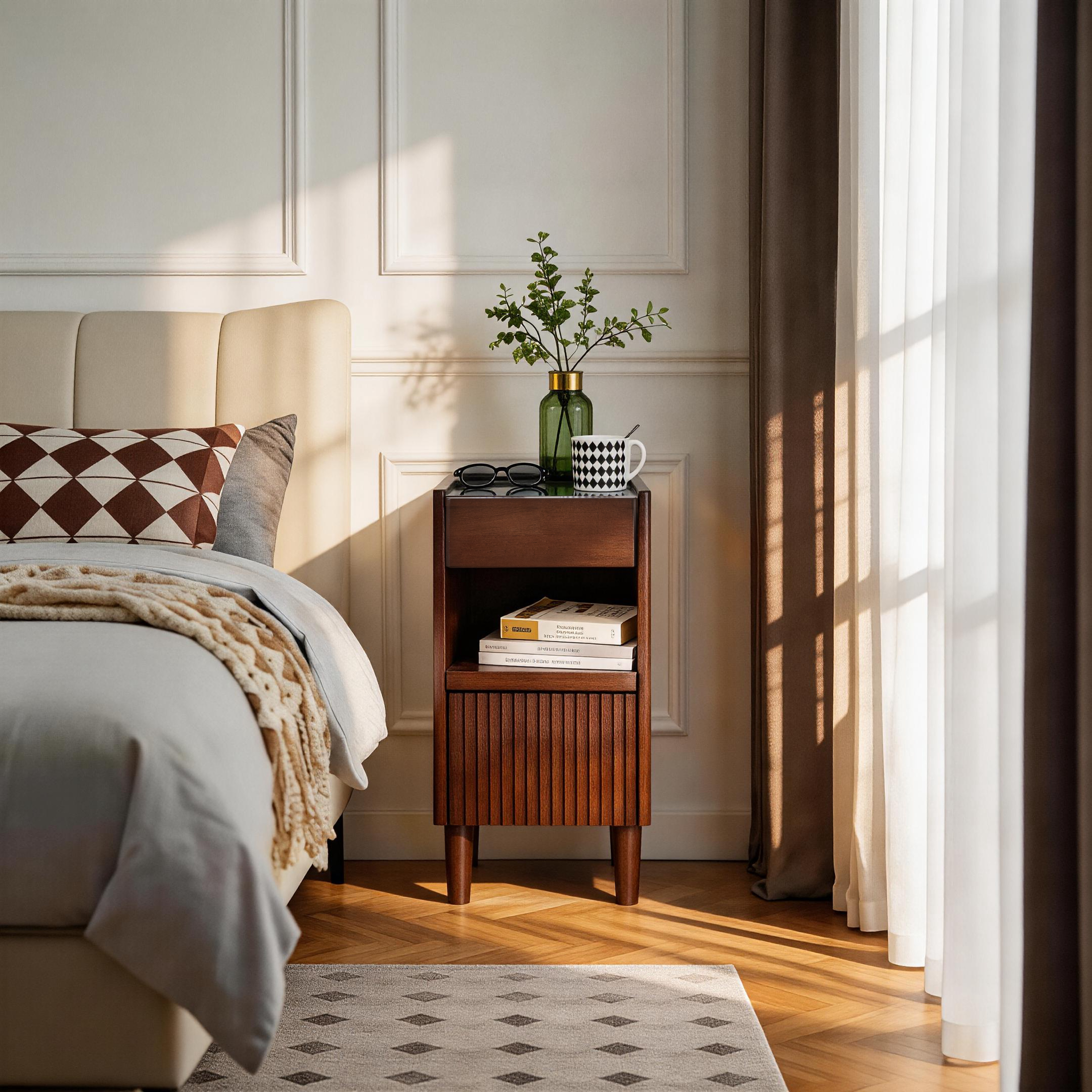 Wooden Bedside Table  with 1 Drawer Open Shelves, Wood Board Side Tables Storage Small Narrow Desk Chest of Drawer, Lamp Stand Nightstand Cabinet, Bedroom Living Room Home Furniture - Grand Goldman Shop