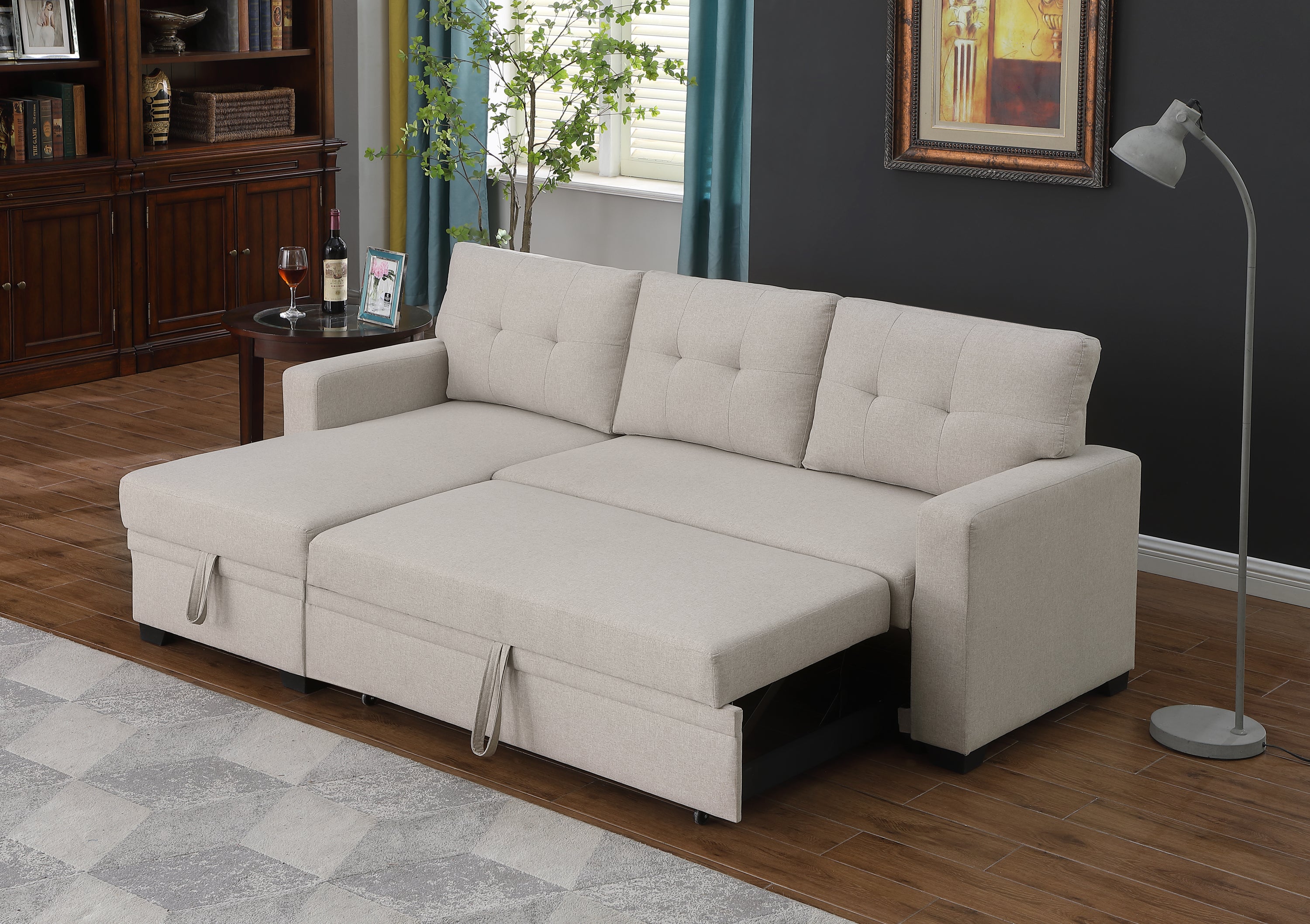 Upholstered Pull out Sectional Sofa with Chaise - Grand Goldman Shop