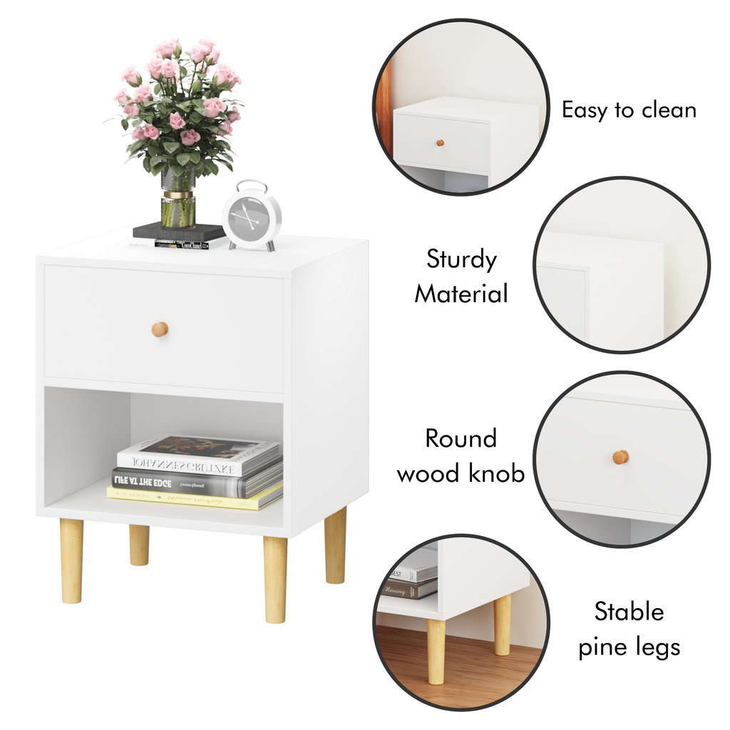23.22''H White MDF Wooden Nightstand with One Drawer and One Shelf for Kids and Adults - Grand Goldman Shop