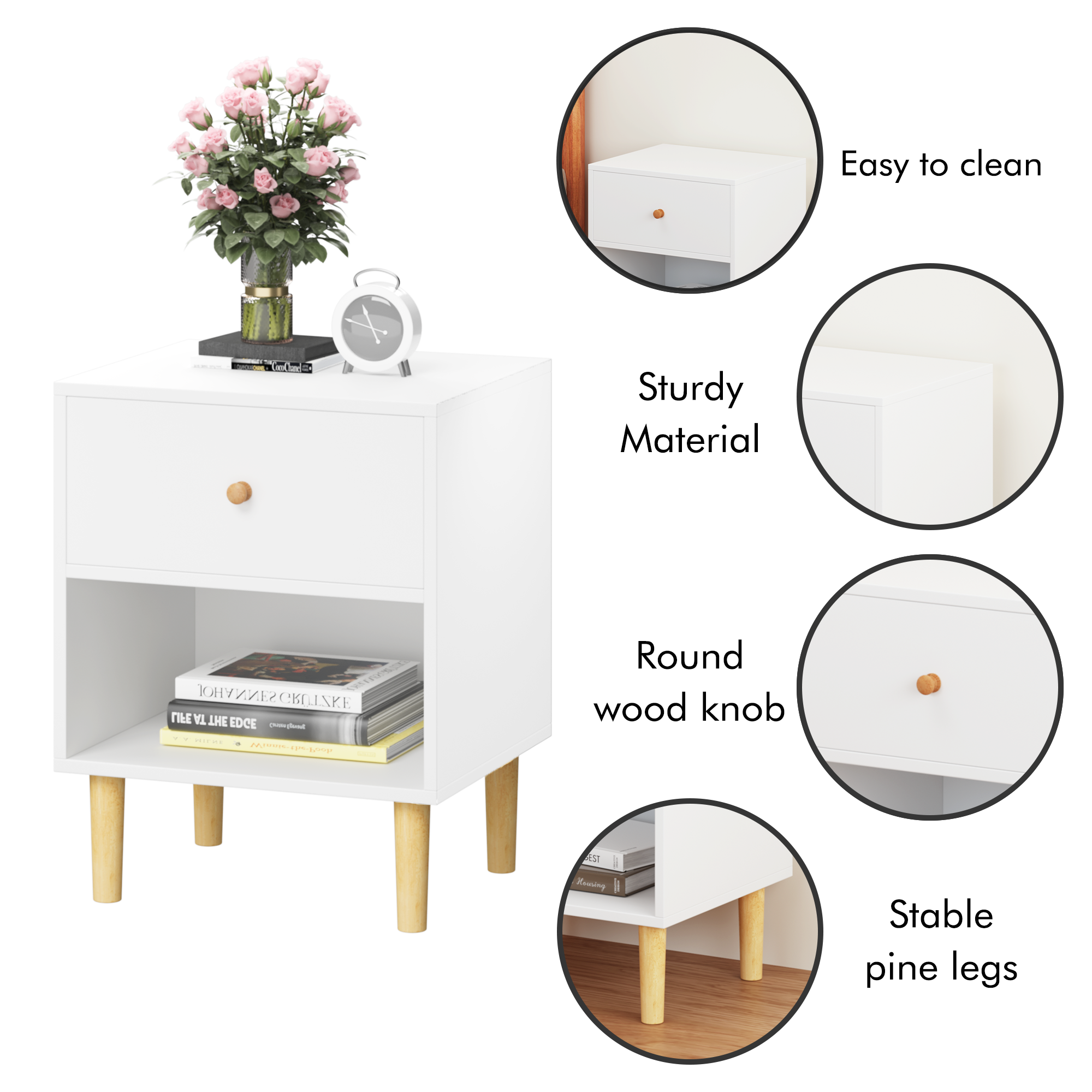 23.22''H White MDF Wooden Nightstand with One Drawer and One Shelf for Kids and Adults - Grand Goldman Shop