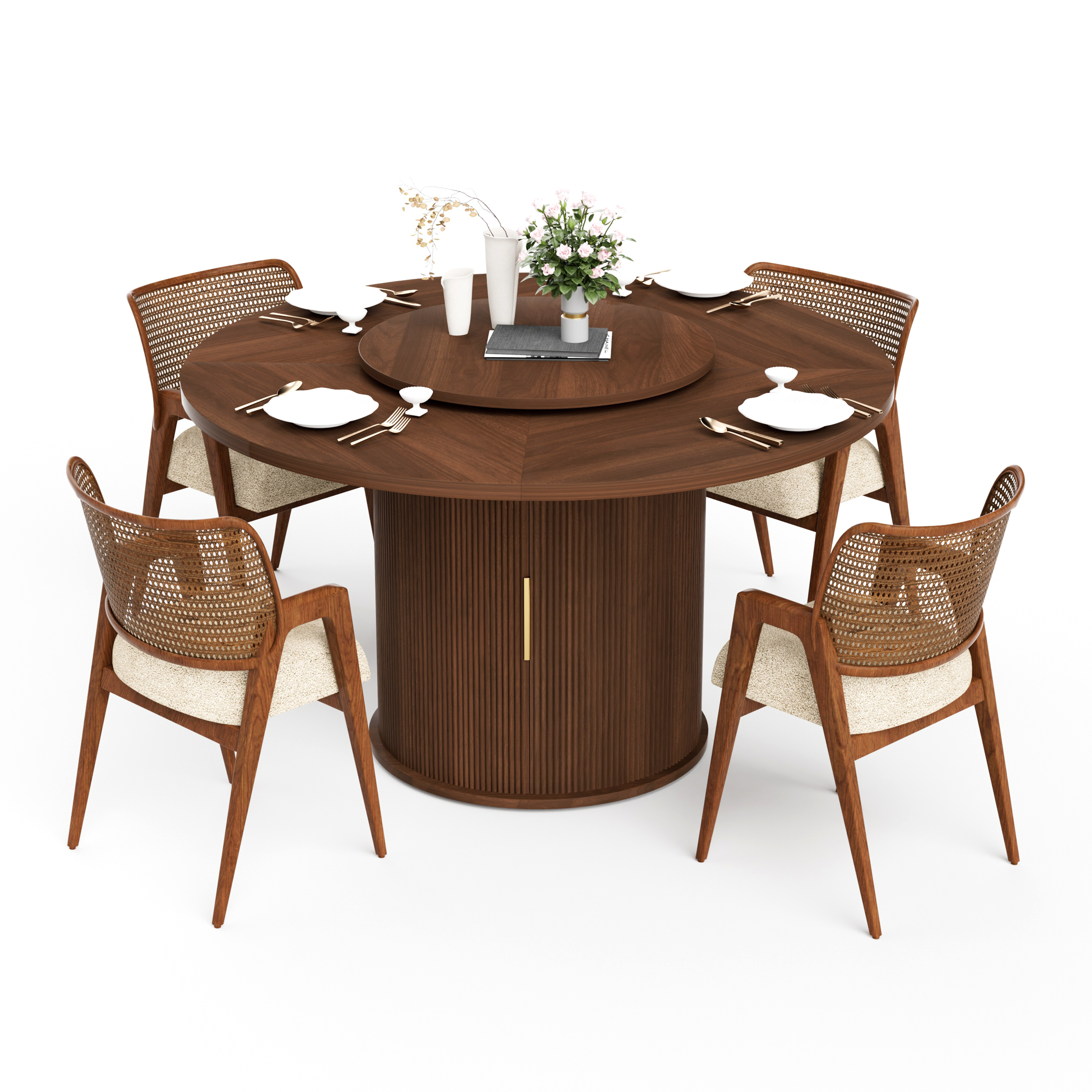 55-inch round dining table for six, featuring a double-tiered storage rack and a rotating tabletop tray. Wooden wavy-striped sliding doors. Ideal for home dining room living room (Walnut). - Grand Goldman Shop