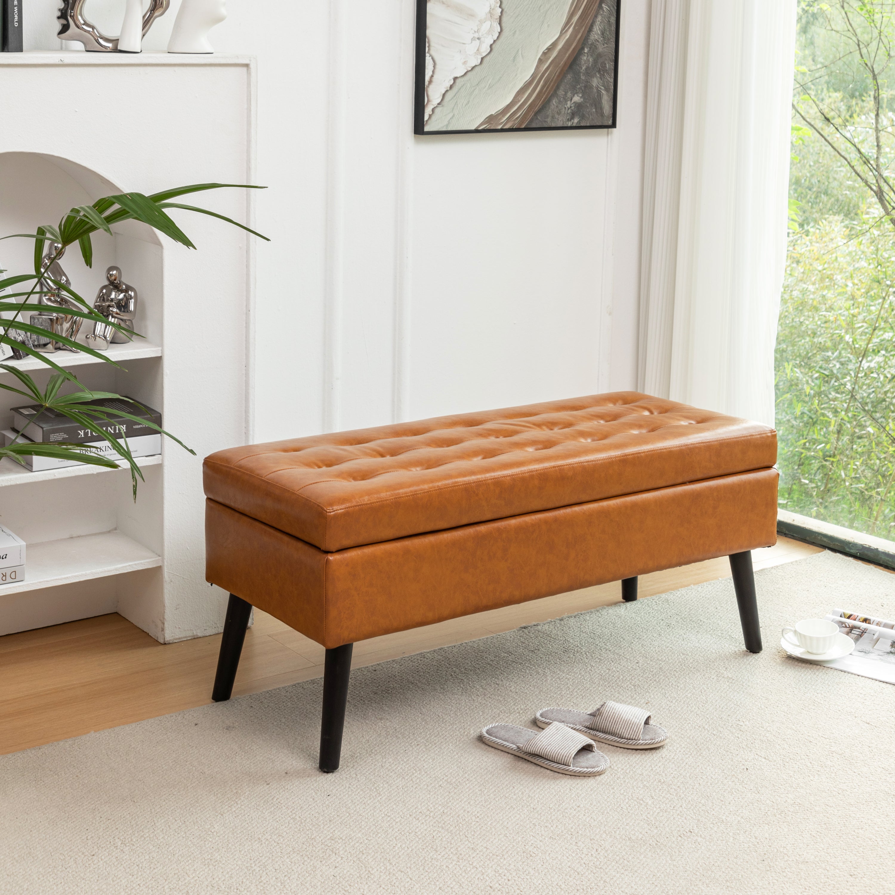 Storage Bench with Storage Bench for Bedroom End of Bed Bench Foot of Bed Bench Entryway Bench Storage Ottoman Bench 43.3' W x 17.7' Brown Leather Bench - Grand Goldman Shop