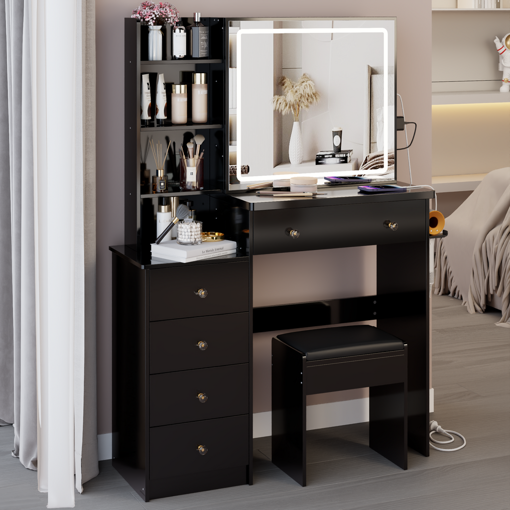 37' Middle Size Left Bedside Cabinet Vanity Table + Cushioned Stool Dresser Set, 2 AC+2 USB Socket, Hair Dryer Stand, Large Touch Control LED Sliding Mirror, 3-color Switch, EPA, GCC, UL Certificate - Grand Goldman Shop
