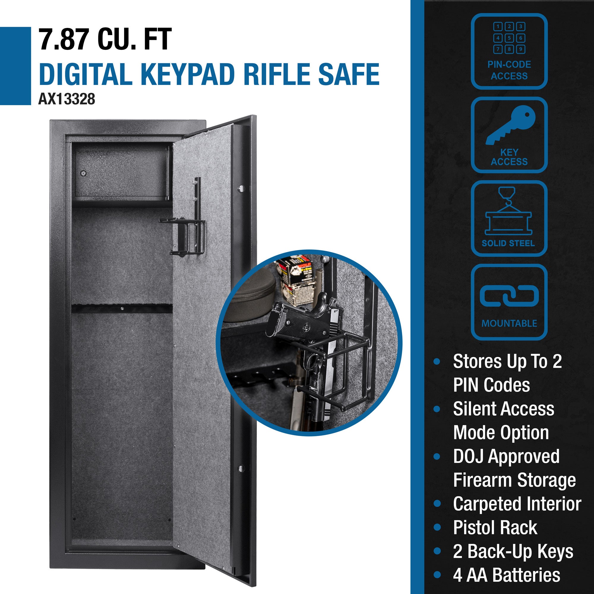 Black Steel 7.87 Cubic Ft Keypad Rifle Safe with Advanced Locking Mechanism - Grand Goldman