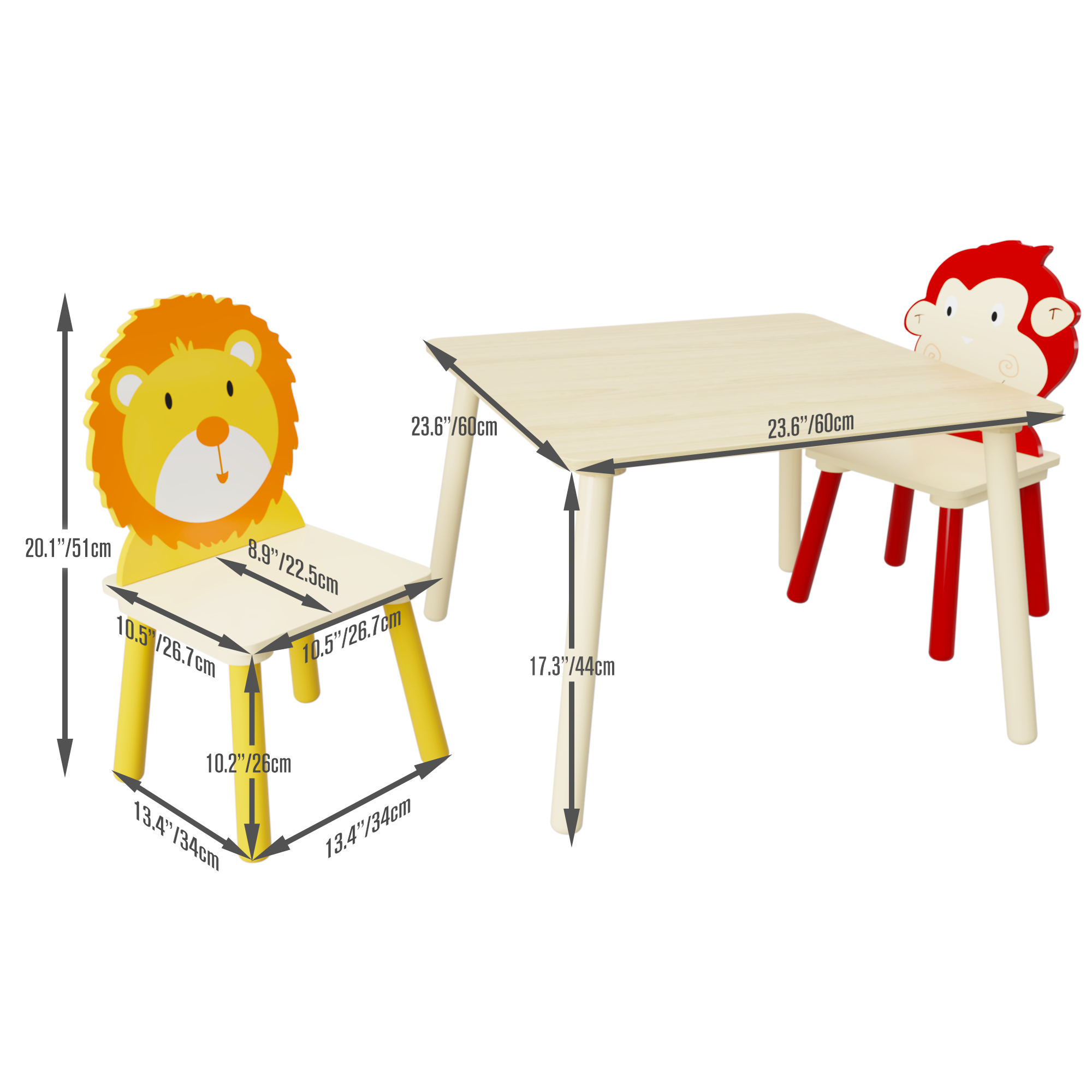 Lion & Monkey Wooden Activity Play Table Set for Kids, 3-Piece Toddler Table and Chair Set in Yellow & Red, Solid Wood & MDF,