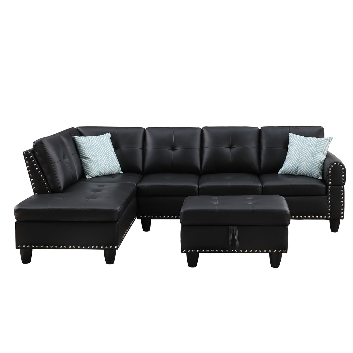 Irine Traditional Faux Leather Sectional Sofa with Ottoman and Storage in Black - Grand Goldman Shop