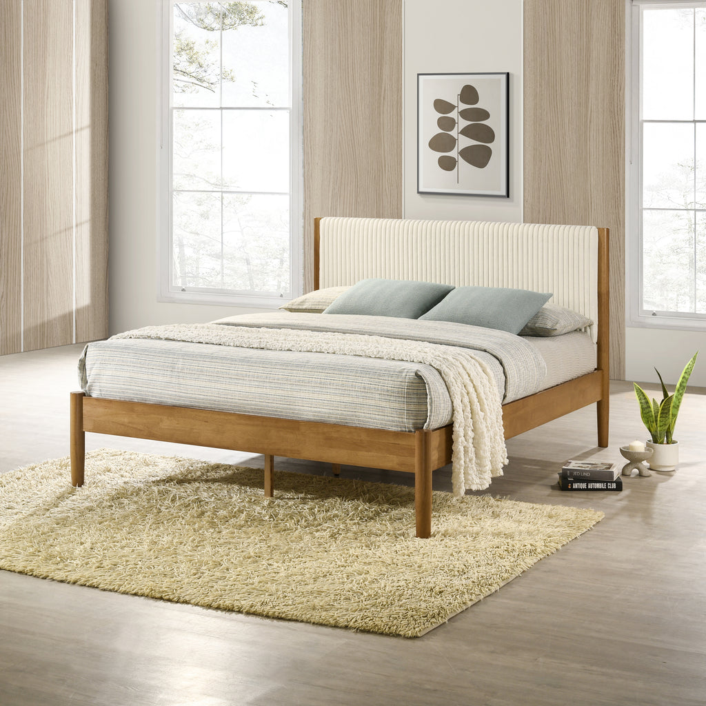 Vichy 3-Piece Rubberwood Corduroy Bedroom Set, Platform Bed with Two Nightstands, Queen - Grand Goldman Shop