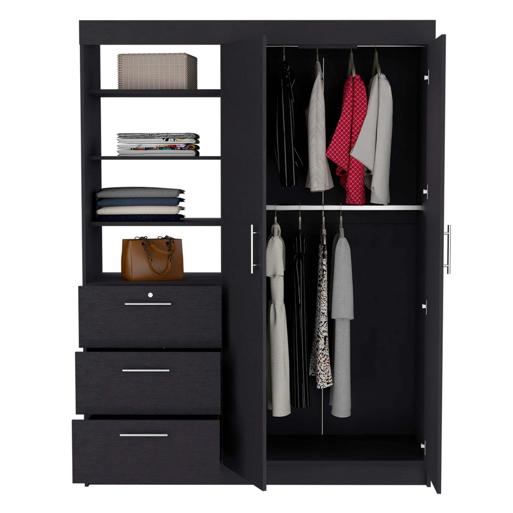 Kenya 3 Drawers Armoire, Double Door, 3-Tier Shelf -Black - Grand Goldman Shop