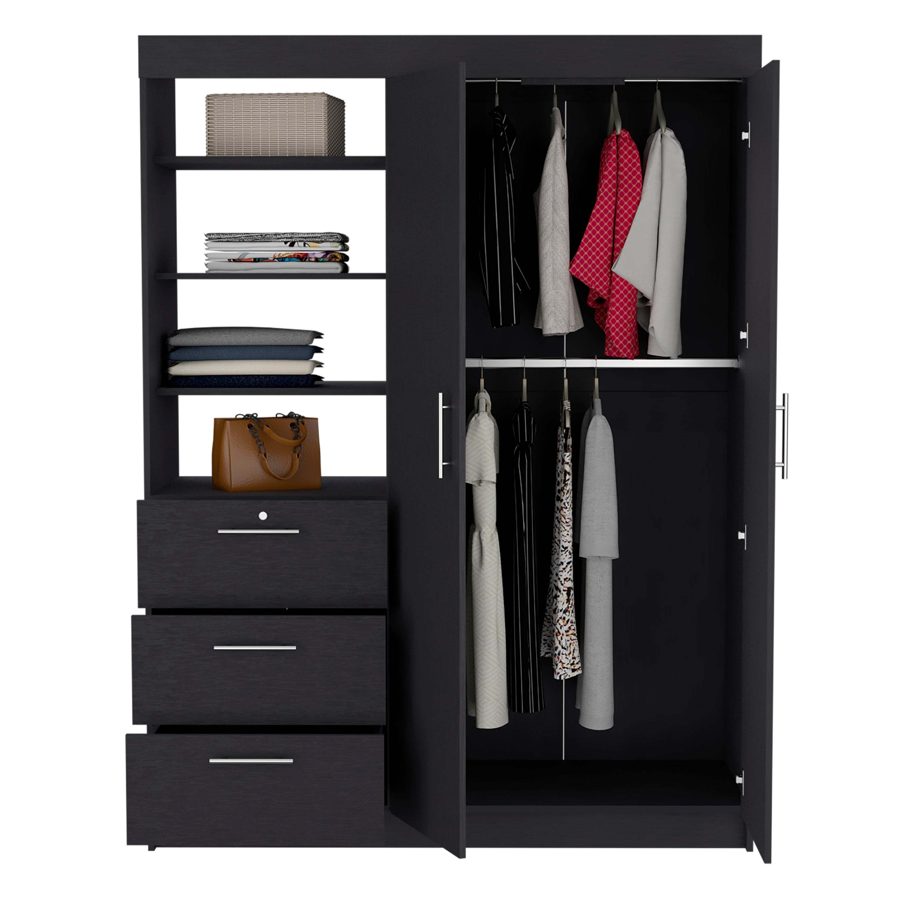 Kenya 3 Drawers Armoire, Double Door, 3-Tier Shelf -Black - Grand Goldman Shop
