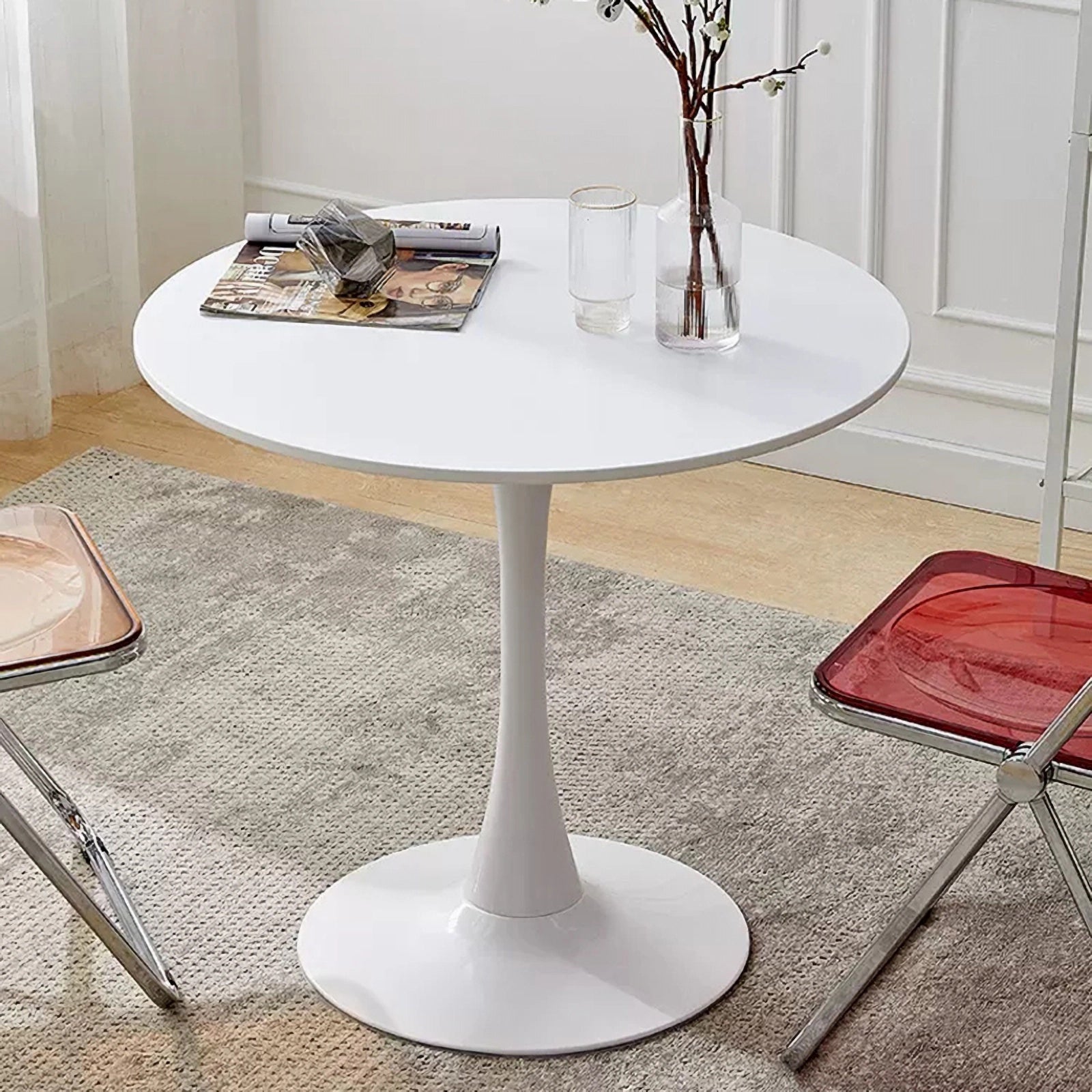 White Round Table, Modern Dining Table, MDF Top and Steel Base Tulip Round Kitchen Table, Mid Century Coffee Table for Living Room 24 Inch, Oval Dining Table - Grand Goldman Shop
