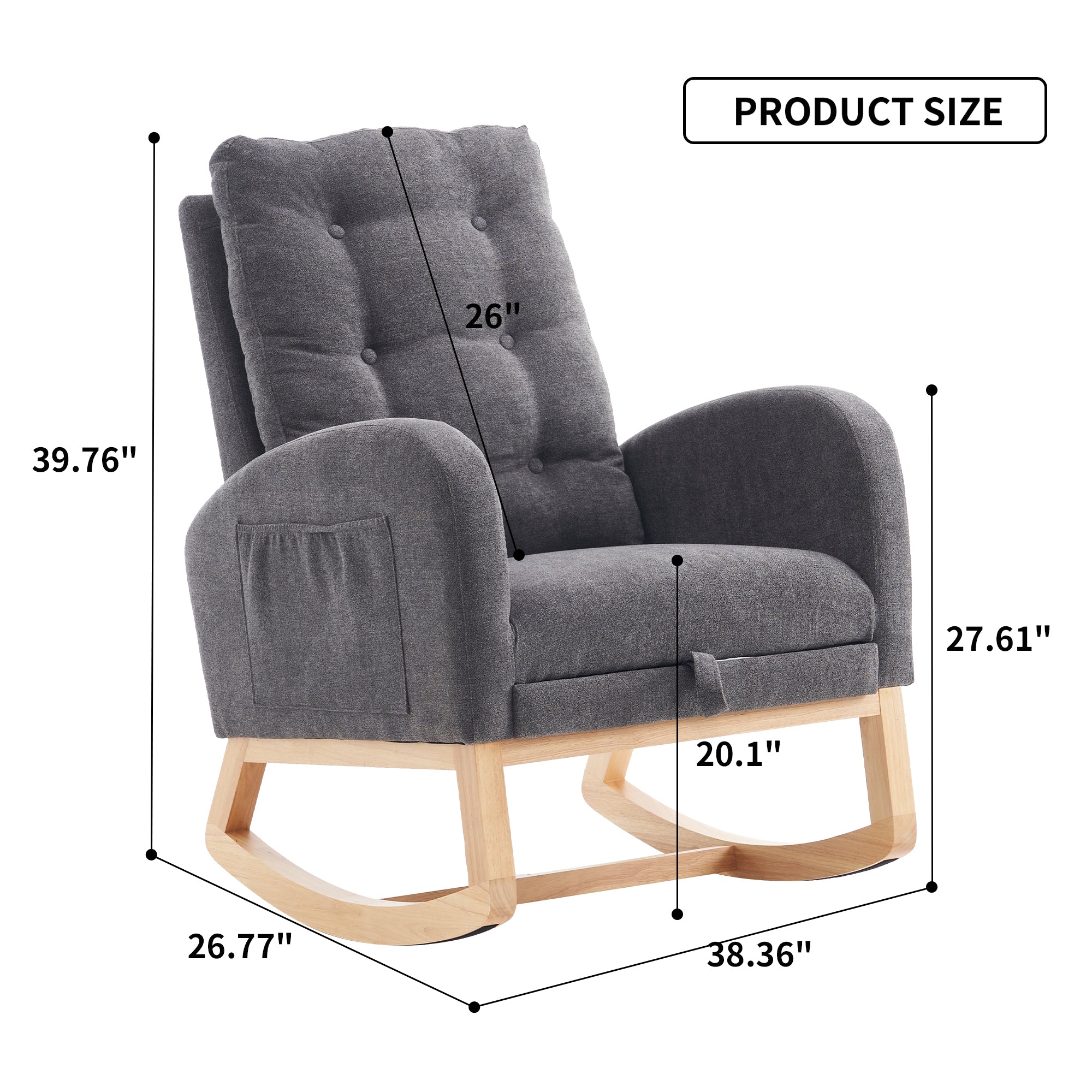 LY-5104 Gray Accent Rocking Chair with Footrest High Back Rubber Wood Rocking Legs - Grand Goldman Shop