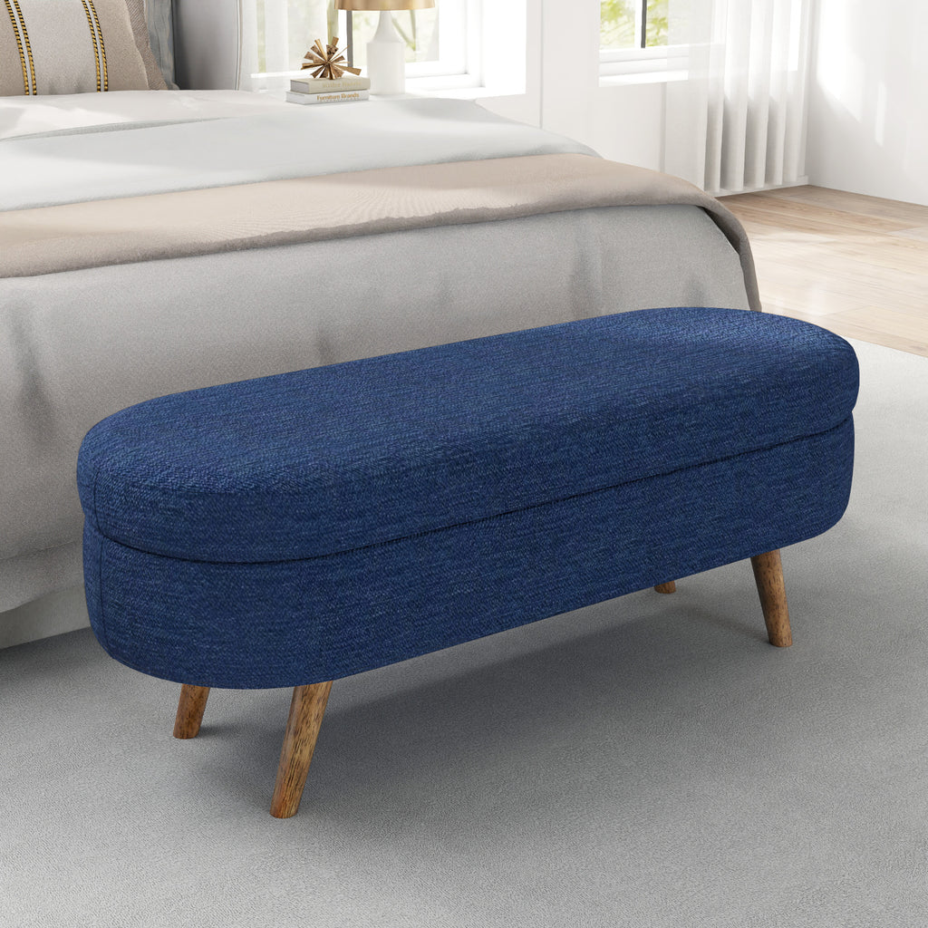 Ottoman Oval Storage Bench with Rubber Wood Legs in Blue Linen with Foam Padding - Grand Goldman Shop