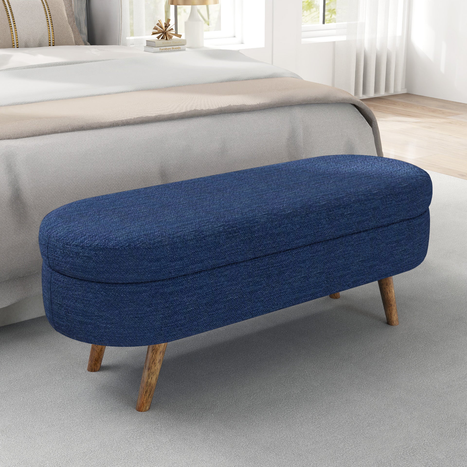 Ottoman Oval Storage Bench with Rubber Wood Legs in Blue Linen with Foam Padding - Grand Goldman Shop
