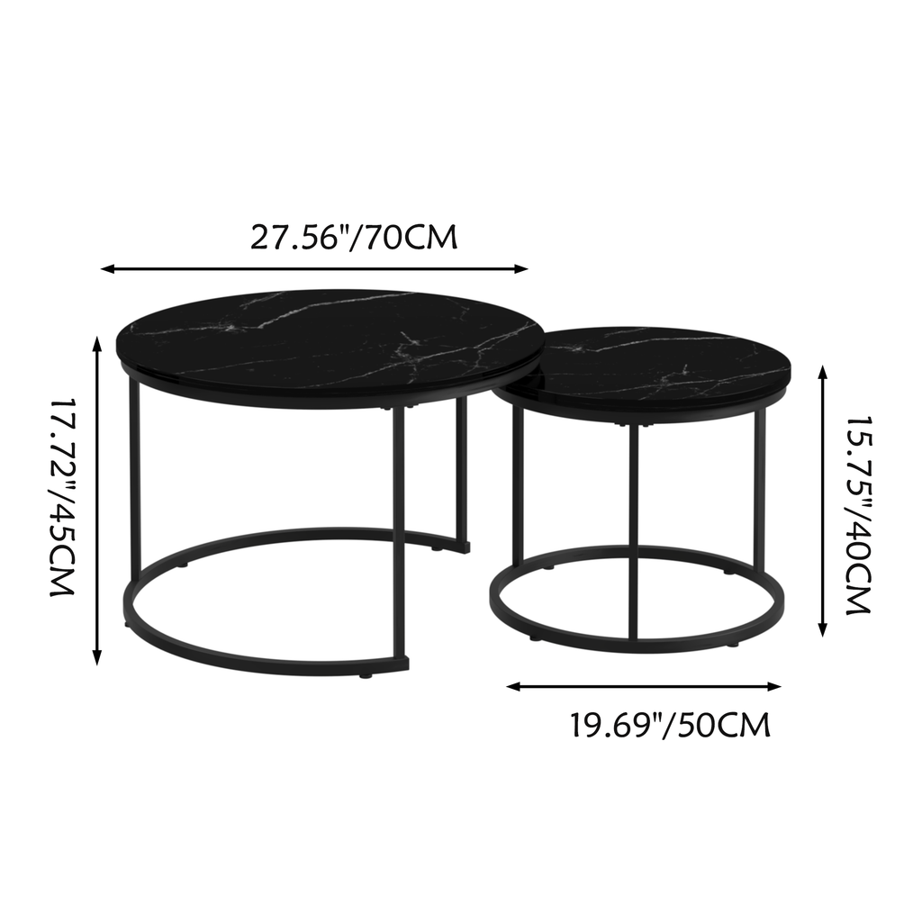 Nesting Coffee Table Set of 2, 27.6in Round Wood Marble Pattern Top with Sturdy Metal Frame, Black Living Room Side Tables for Bedroom Balcony Yard - Grand Goldman Shop