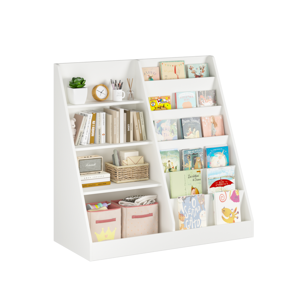 Kids Bookshelf and Toy Storage Organizer, Multifunctional 4-Tier White Wooden Bookcase with Toy Bin for Nursery, Playroom, or