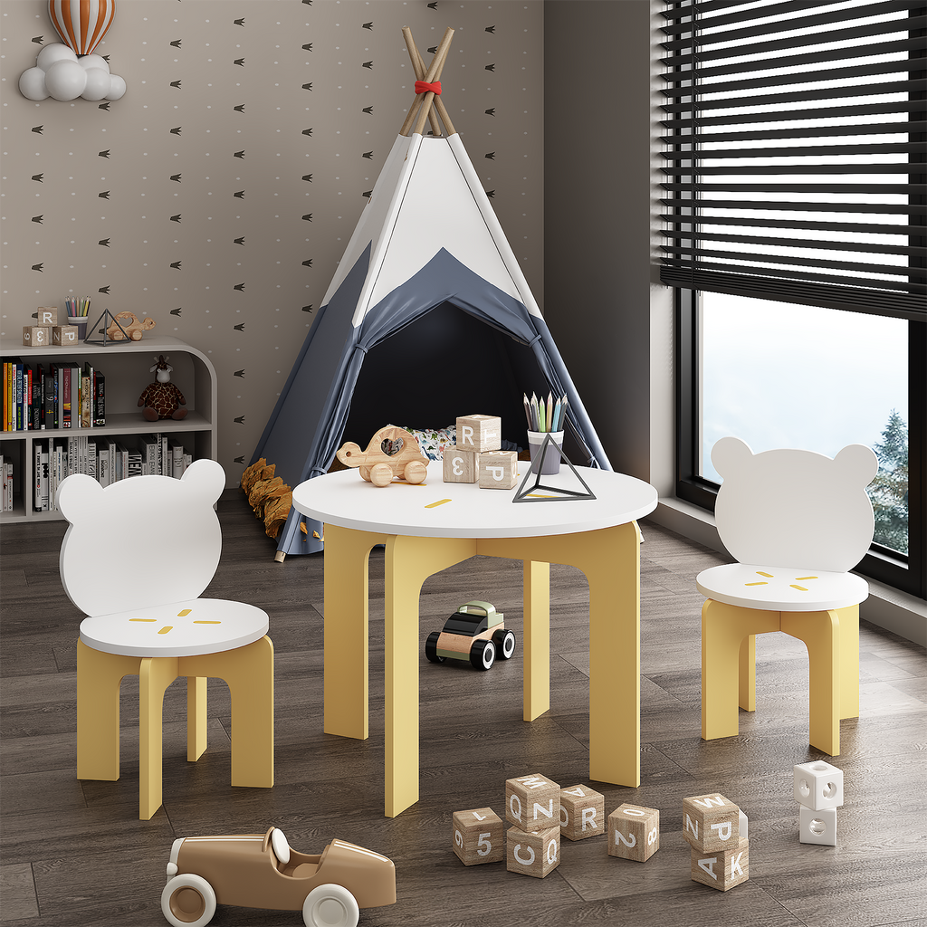 Kids Table and Chair Set, 3-Piece Toddler Table with 2 Chairs, Cute Bear-Back Chairs, Sturdy Wooden Activity Table Set for Ki