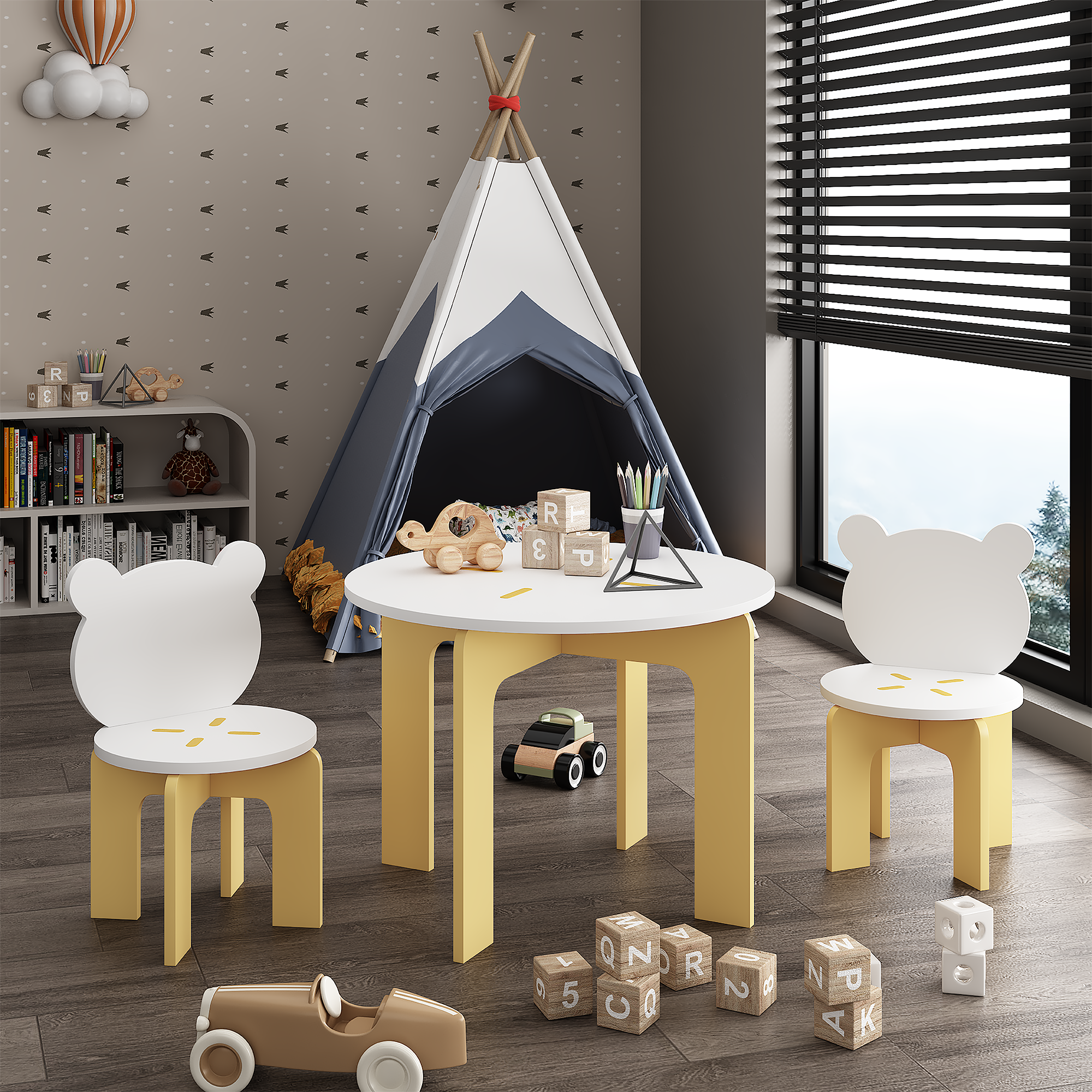 Kids Table and Chair Set, 3-Piece Toddler Table with 2 Chairs, Cute Bear-Back Chairs, Sturdy Wooden Activity Table Set for Ki