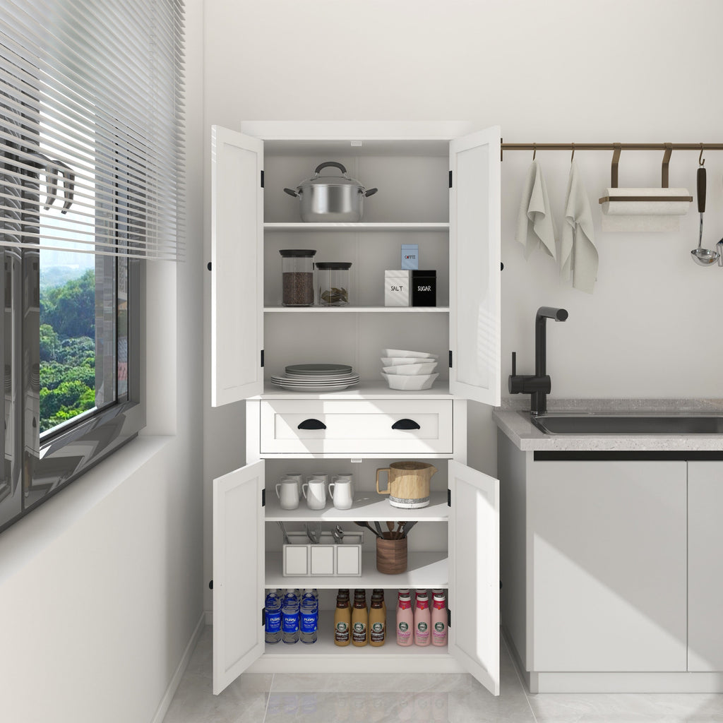 71' Kitchen Pantry Storage Cabinet , with 4 Doors, Drawer, 2 Adjustable Shelves, Freestanding Cupboard for Dining Room Living Room, Laundry-White - Grand Goldman Shop