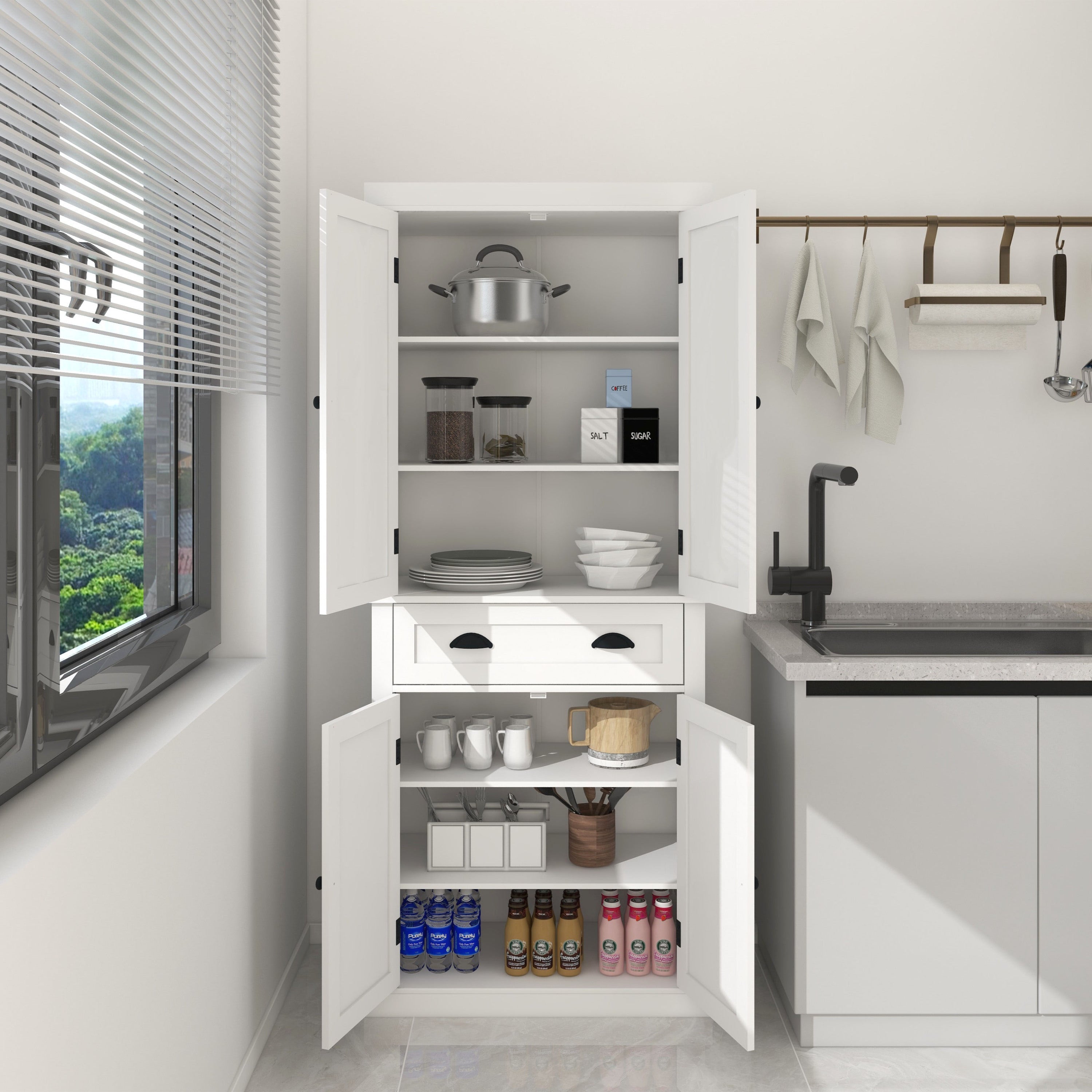 71' Kitchen Pantry Storage Cabinet , with 4 Doors, Drawer, 2 Adjustable Shelves, Freestanding Cupboard for Dining Room Living Room, Laundry-White - Grand Goldman Shop