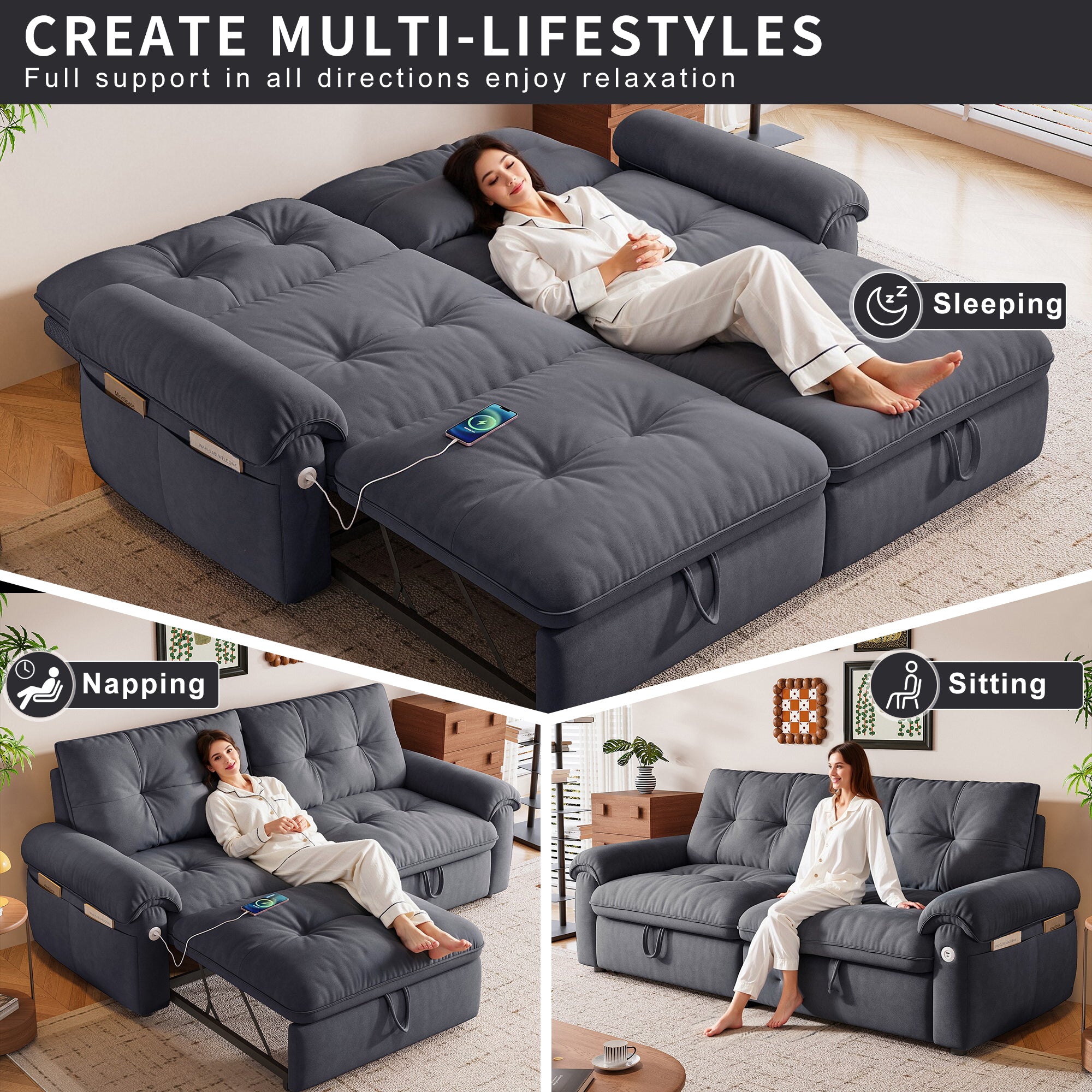 W3820S00027, a 77-inch convertible sofa bed, and a 2-in-1 piece suitable for both sitting and lying. Made of cloud-like fabric, it is applicable to living rooms, bedrooms and apart - Grand Goldman Shop