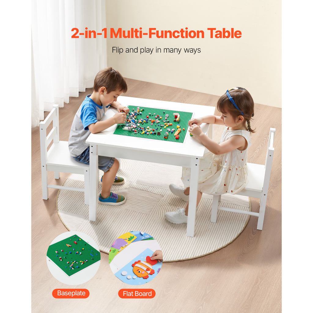 Kids Activity Table and 2 Chairs Set, Building Blocks Double-Sided Tabletop, Toddler Table and Chair Set with Storage for Kid