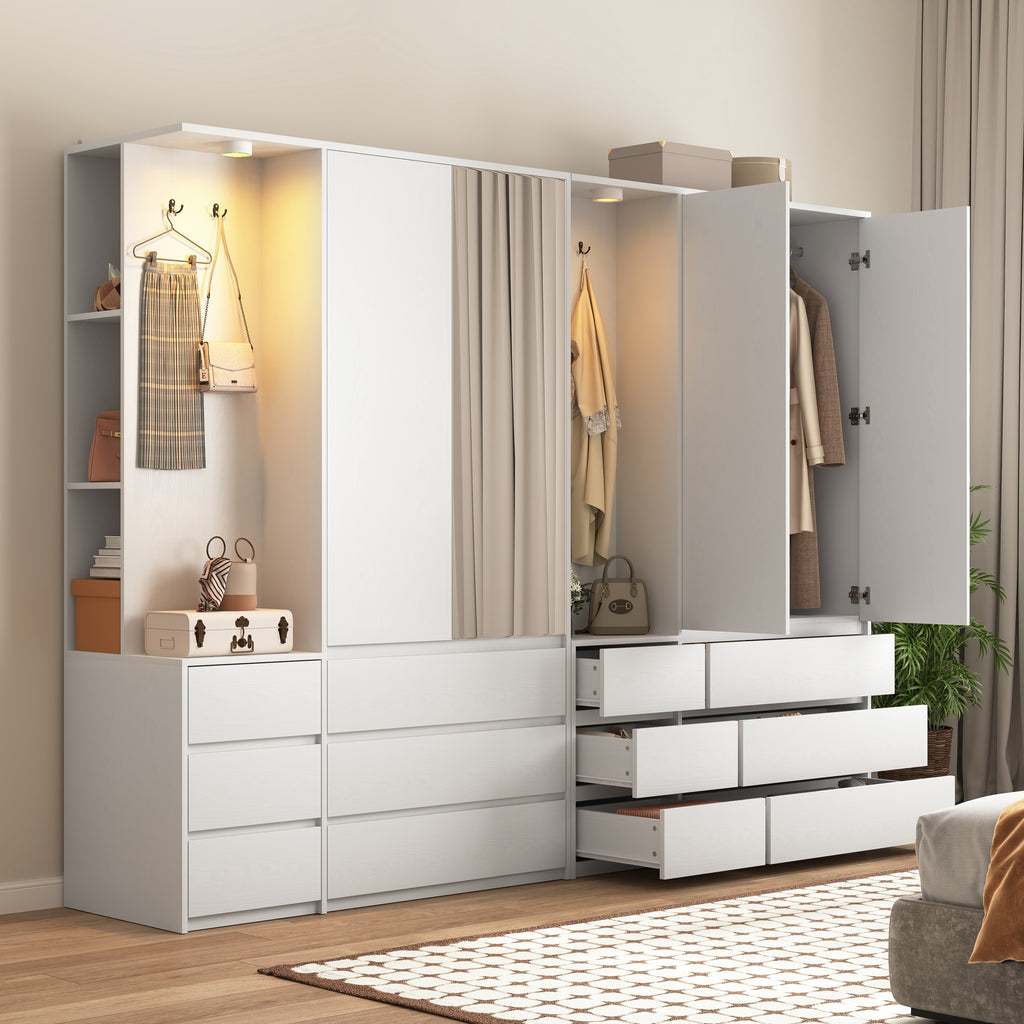 Wardrobe Closet 71.7' H, Bedroom Wooden Wardrobe with 2 Doors 6 Drawers, Modern Clothing Storage Cabinet Combination with Storage Shelves and Hanging Rail, White - Grand Goldman Shop