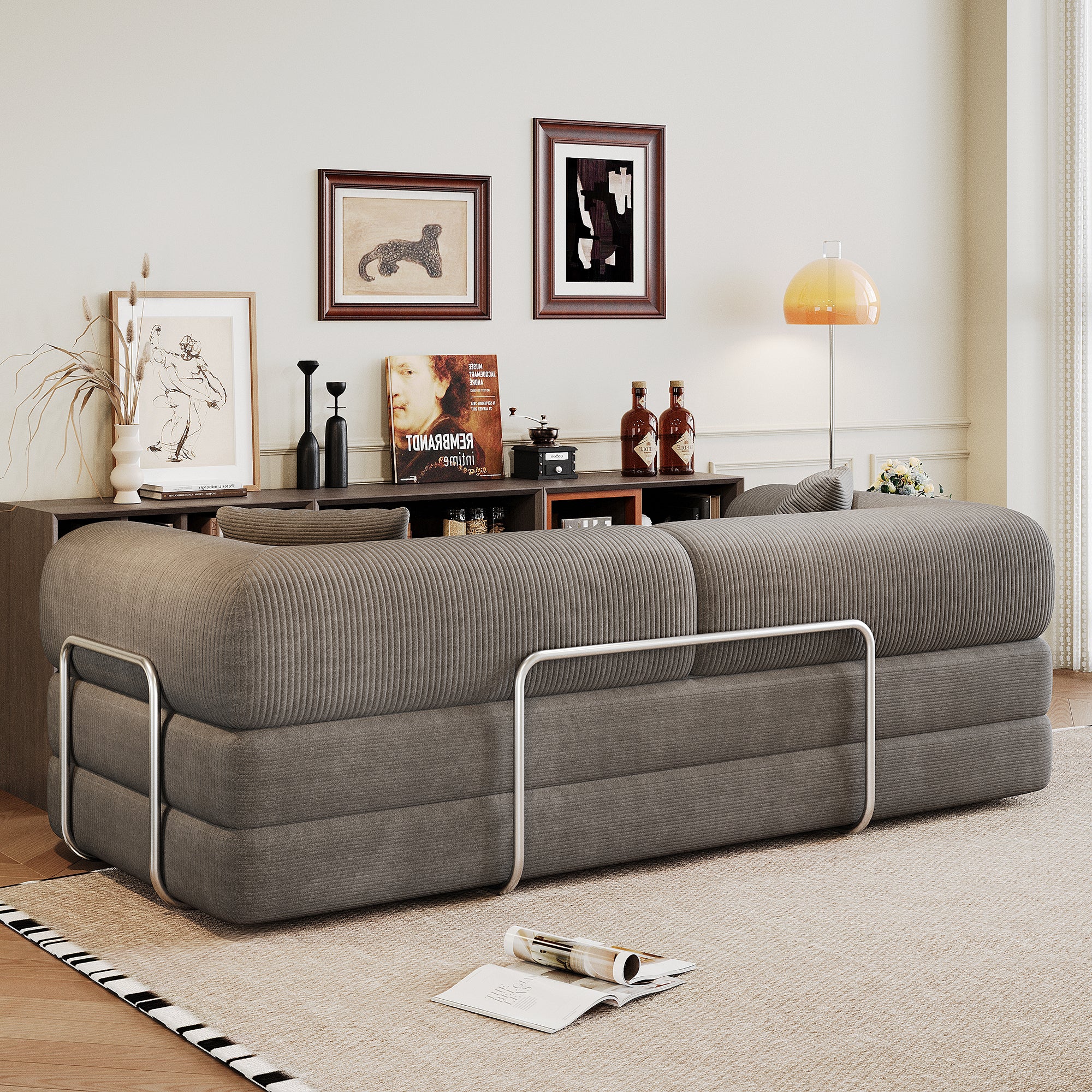 78.8' Compression Sofa,Convertible Floor Sofa Bed-with Pillow Back Support Armrest,Comfy Futon Couch Sleeper Bed,Loveseats Boneless Modular Sectional Sofa,Corduroy fabric,for Living Room,Bedroom,Grey - Grand Goldman Shop
