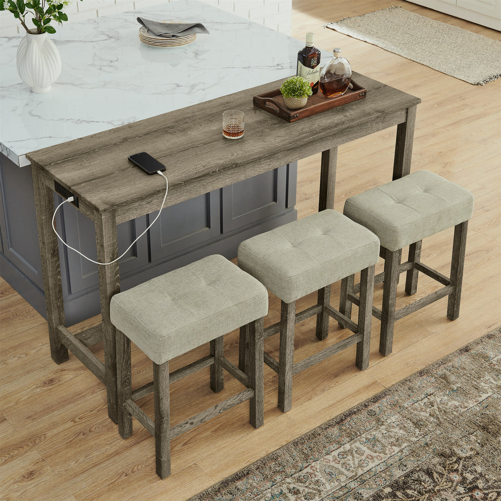 59 Inch Bar Table, Dining Table, Sofa Table with Power Outlet, 3 Upholstered Stools, 4 Piece Bar Table and Chair Set for Living Room, Dining Room, Kitchen - Grand Goldman Shop